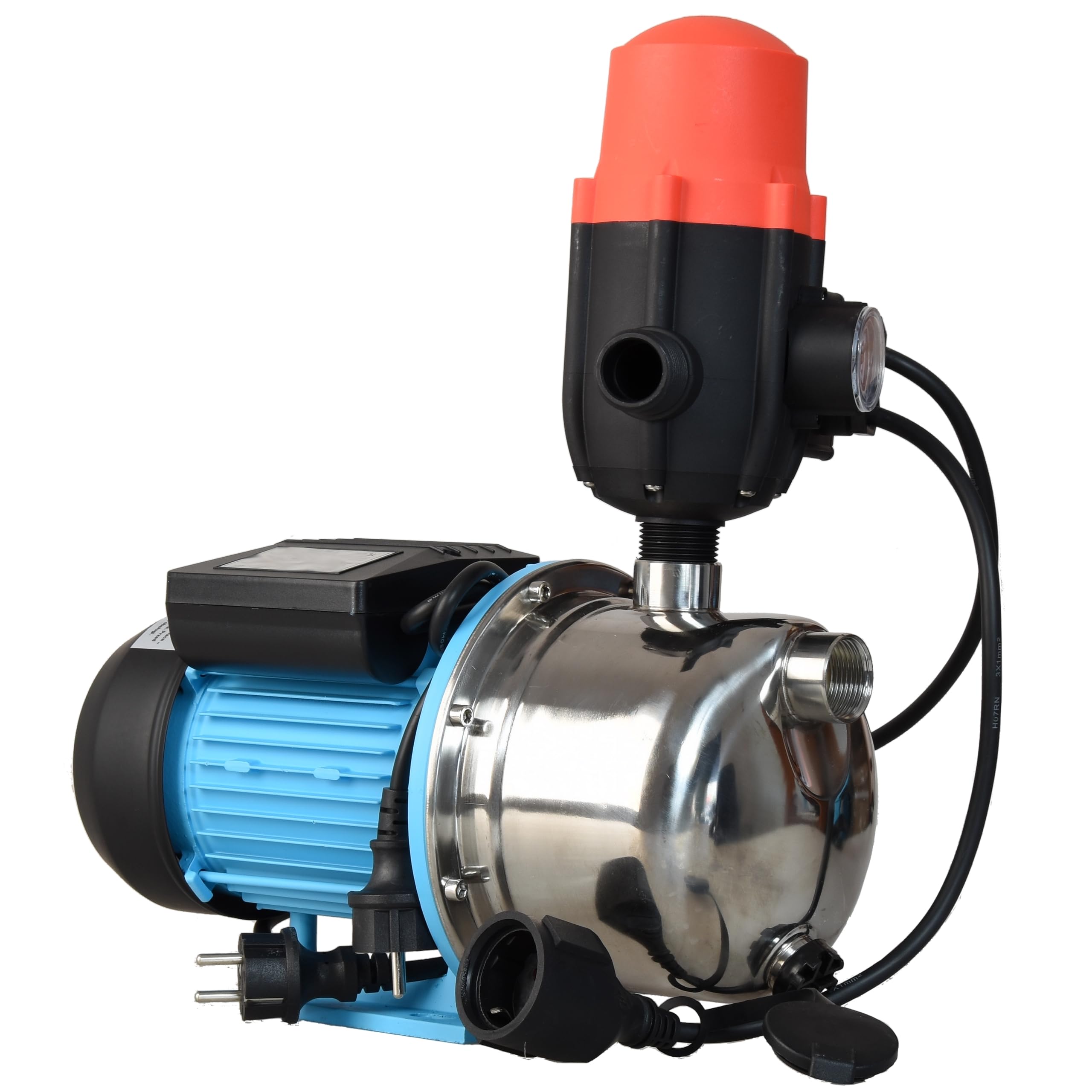Pompe à Eau JX 1100 avec Pressostat CSK 21 - Pompe d’arrosage INOX (1100 W, 3600 l/h, hauteur de Refoulement 50 m) - Commande de Pompe - Marche/Arrêt automatiques - Protection Fonctionnement à Sec
