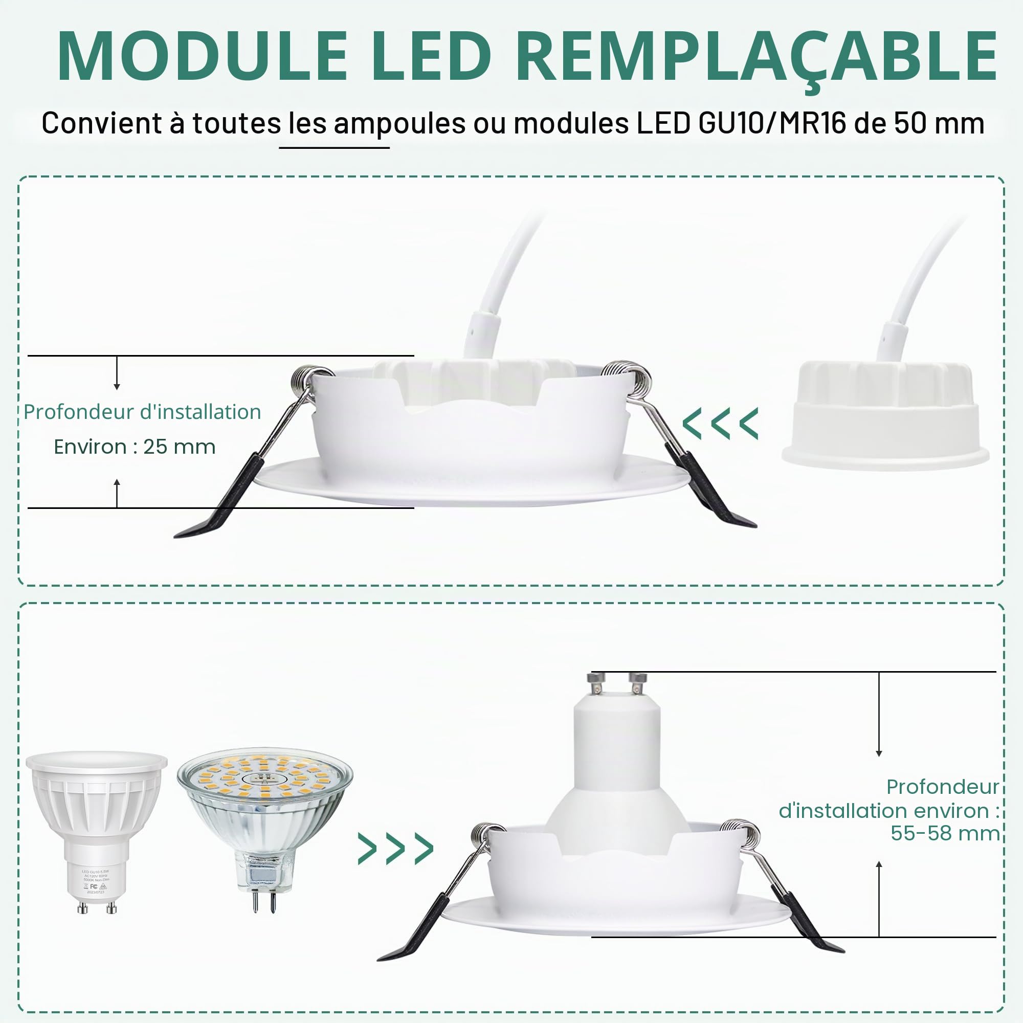 Spot LED Encastrable Dimmable 220V, 5.5W 600LM IP44 Spots LED Encastrable Extra Plat 68mm, 45° Orientable Spots de Plafond Blanc Chaud 2700K Spot Salle de Bain, Blanc Lot de 6