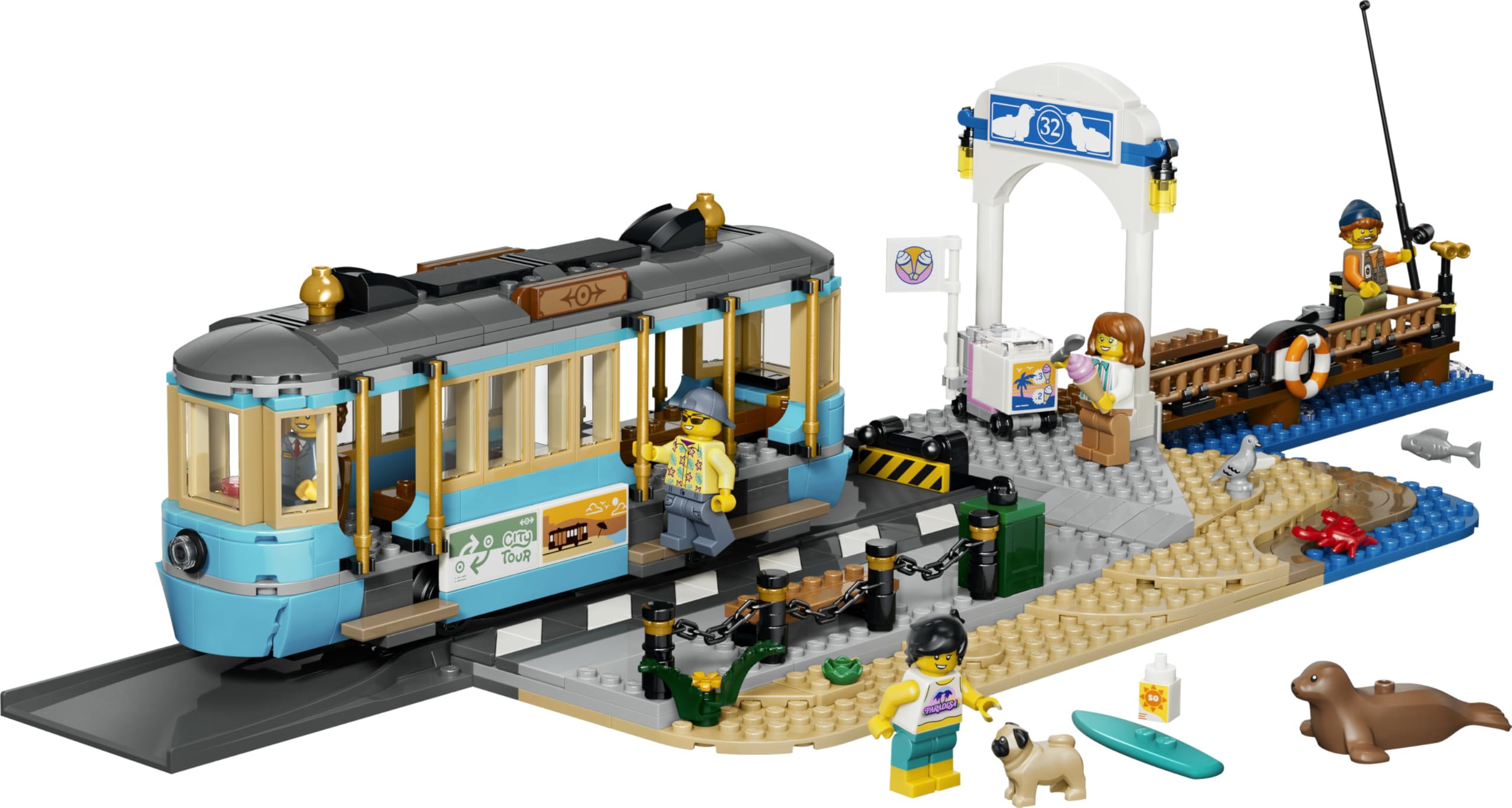 LEGO City Klassische Strandstraßenbahn Spielzeug - Modellbau mit Schienenstrecke, Straßenszene, 5 Minifiguren und 5 Tierfiguren - Geburtstagsgeschenk für Jungen ab 7 Jahren - 60506