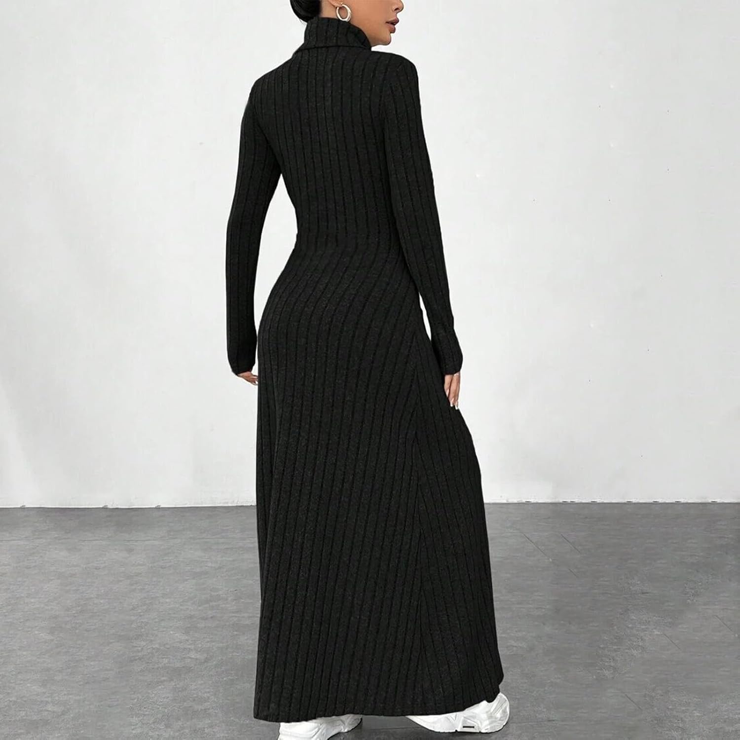 Women's Long Sleeve Maxi Sweater Dress Fall Winter Turtle Neck Ribbed Knit A-Line Elegant Wedding Guest Dresses - Image 2