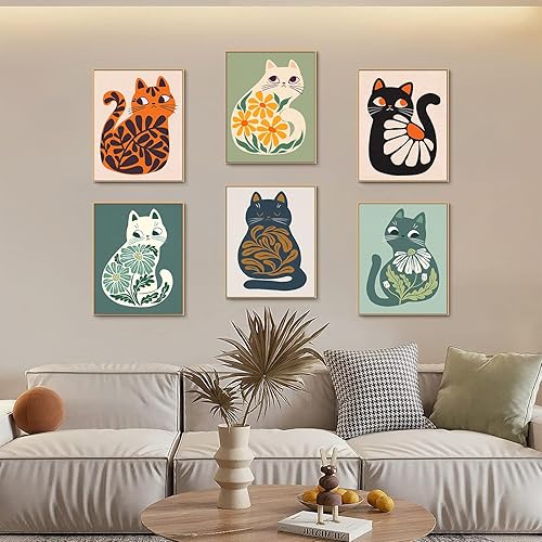 Miniatura 3 de FEOFTIE Arte de pared de gato, póster neutro y bohemio, estampado de plantas, imágenes de animales retro, pósteres verdes, impresión de mediados de