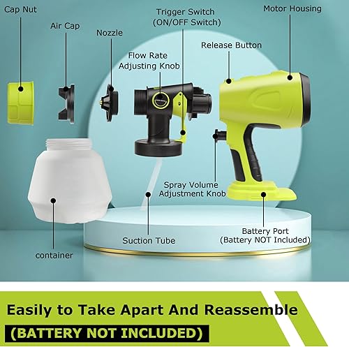 Miniatura 9 de Rociador de pintura inalámbrico para batería Ryobi de 18 V, pulverizador de pintura HVLP de mano con recipiente de 33.8 fl oz, pulverizador de