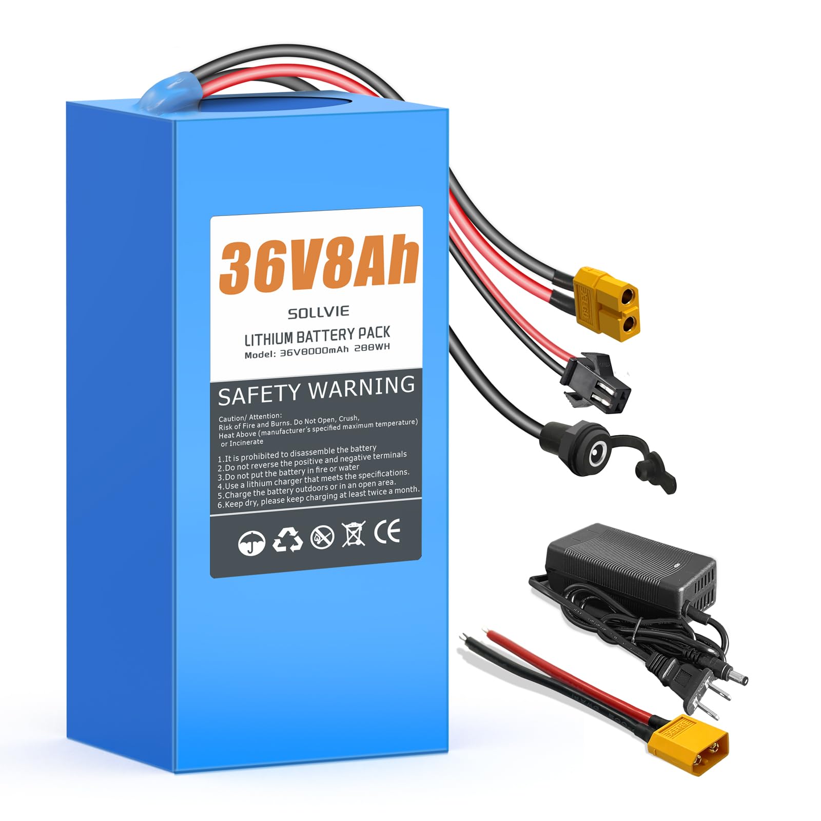 36V 8Ah Lithium Battery, Built-in 30A BMS, w/ 2A Charger & XT60 SM Connector, Rechargeable batteries for DIY projects 36V8AH