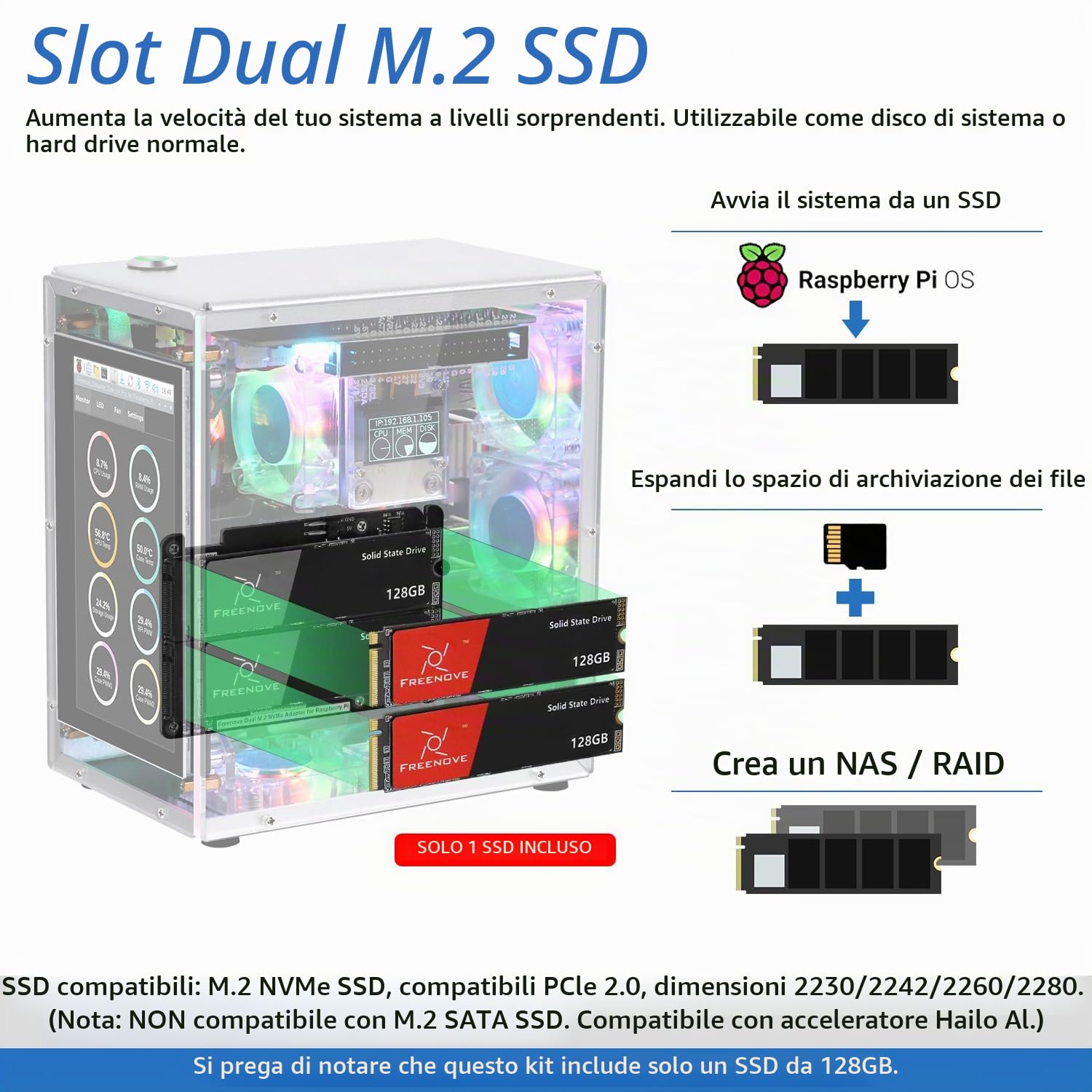Freenove Raspberry Pi 5 Case Kit Pro (with 1x 128GB SSD), Dual M.2 NVMe SSD Slots, 5 PWM ARGB Fans Light Sync, CPU Tower Cooler, 4.3" Touchscreen, Stereo Speakers, 3.5 mm Audio