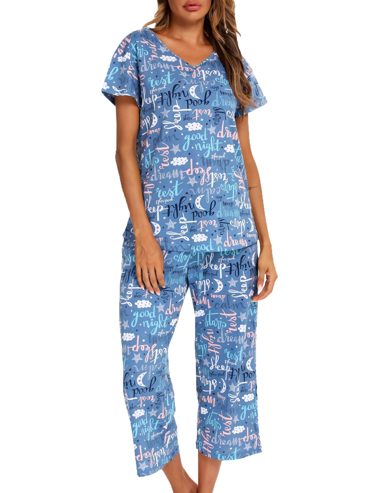 ENJOYNIGHT Conjunto de pijama corto para mujer, ropa de descanso de algodón, lindo estampado, ropa de dormir con pantalones capri