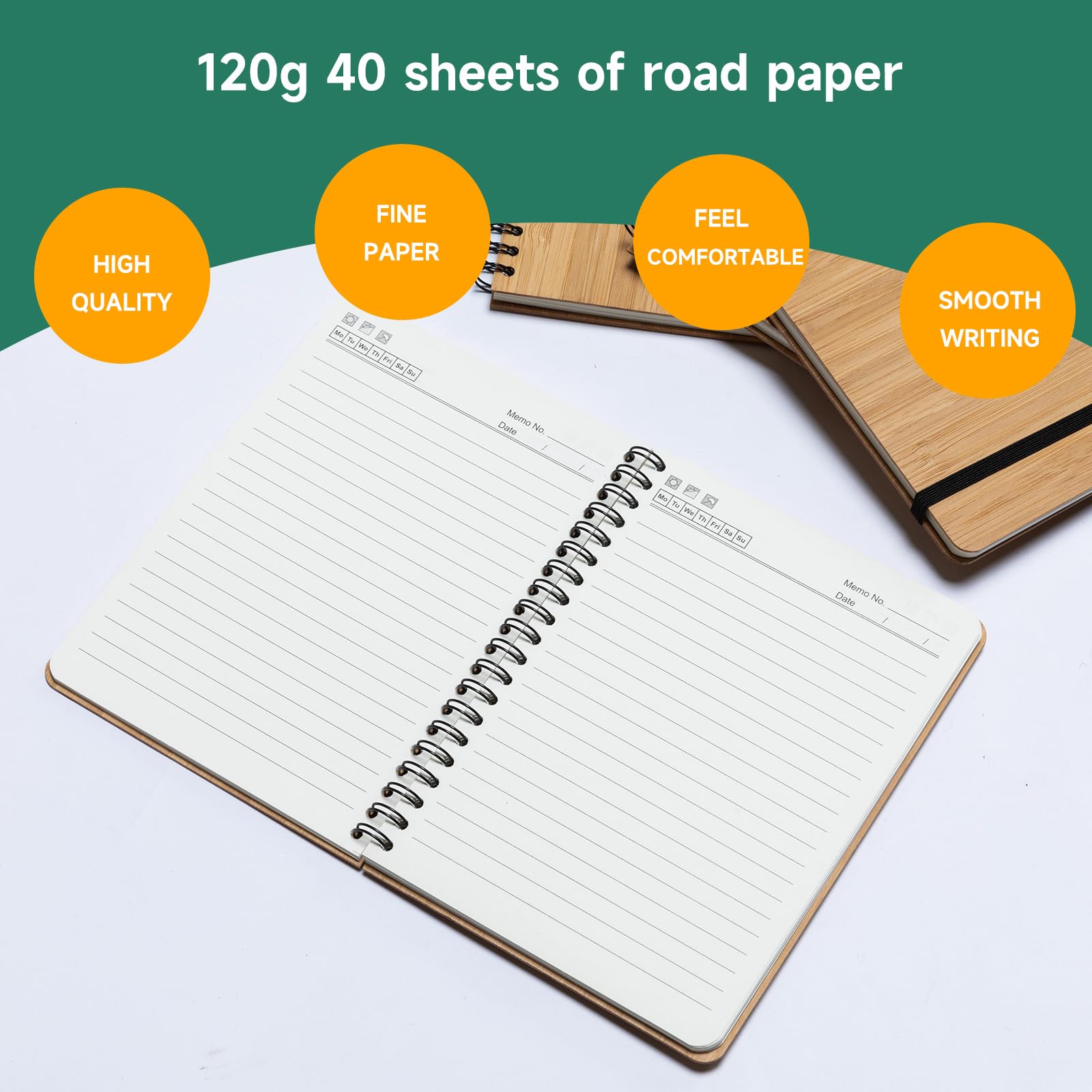 Set di 4 quaderni a righe in bambù, 80 pagine, 13,5 x 18,3 cm, con copertina rigida, diario giornaliero per lavoro, viaggi, scuola, appunti, università (4)