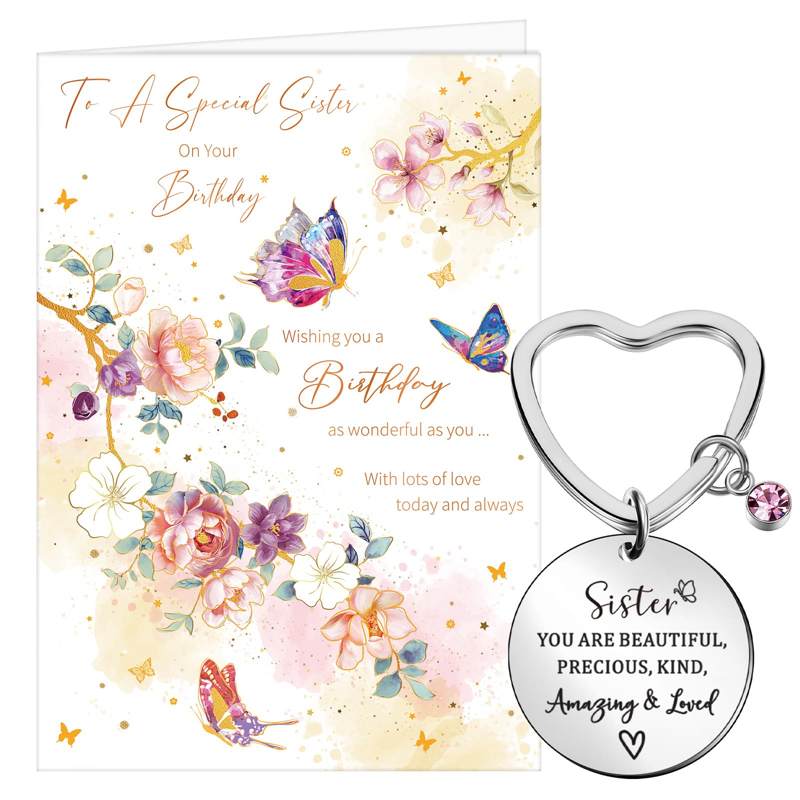 Faccito Sister Birthday Card with Keyring Birthday Card for Sisters with Beautiful Butterfly Pattern Design, with Envelope and Pink Velvet Bag, Thoughtful Gift from One Sister to Another