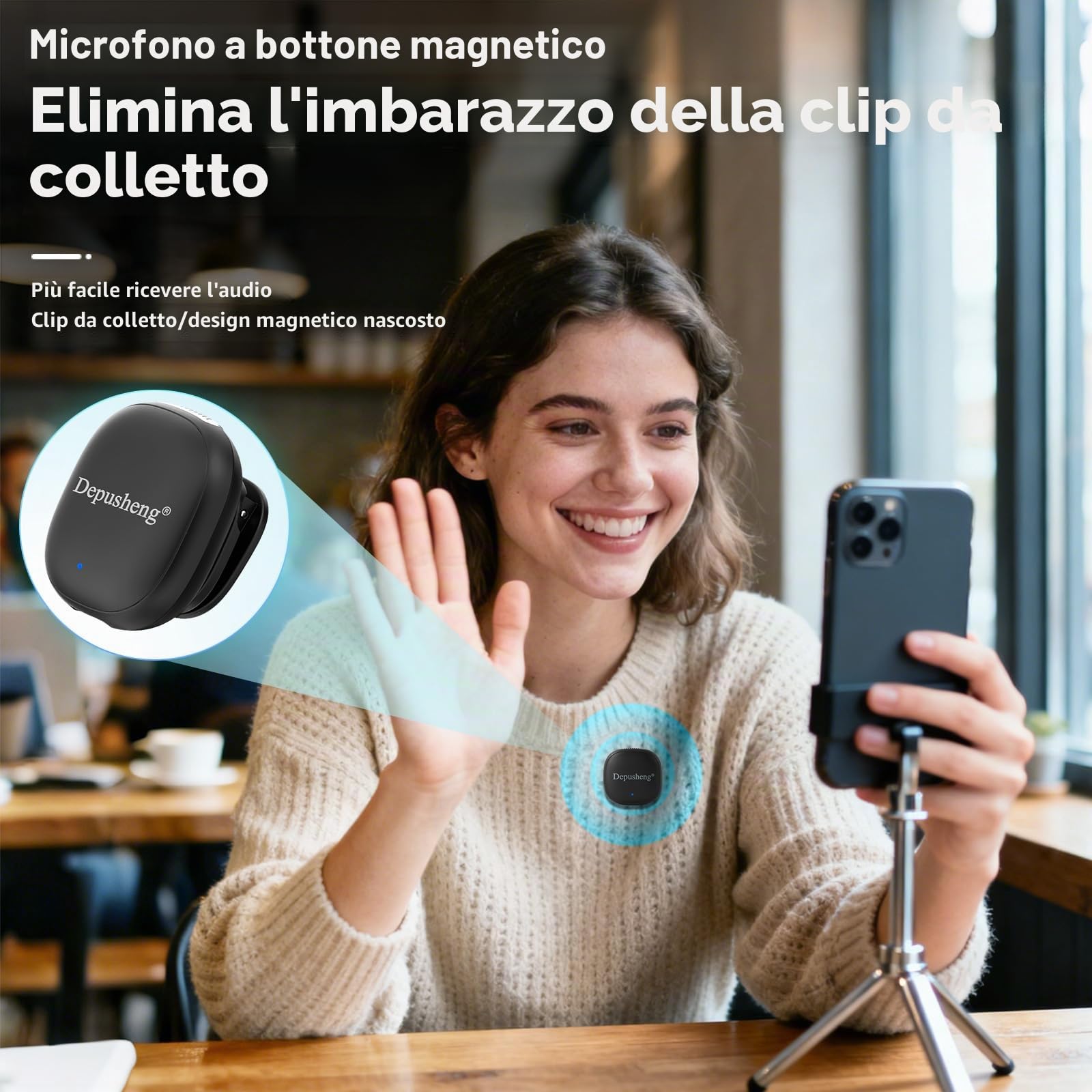 Depusheng V2 2 microfoni lavalier wireless per iPhone, iPad e Android con custodia di ricarica, 8 ore di autonomia, microfono a scatto per registrazioni video, vlogging, YouTube, interviste, 3