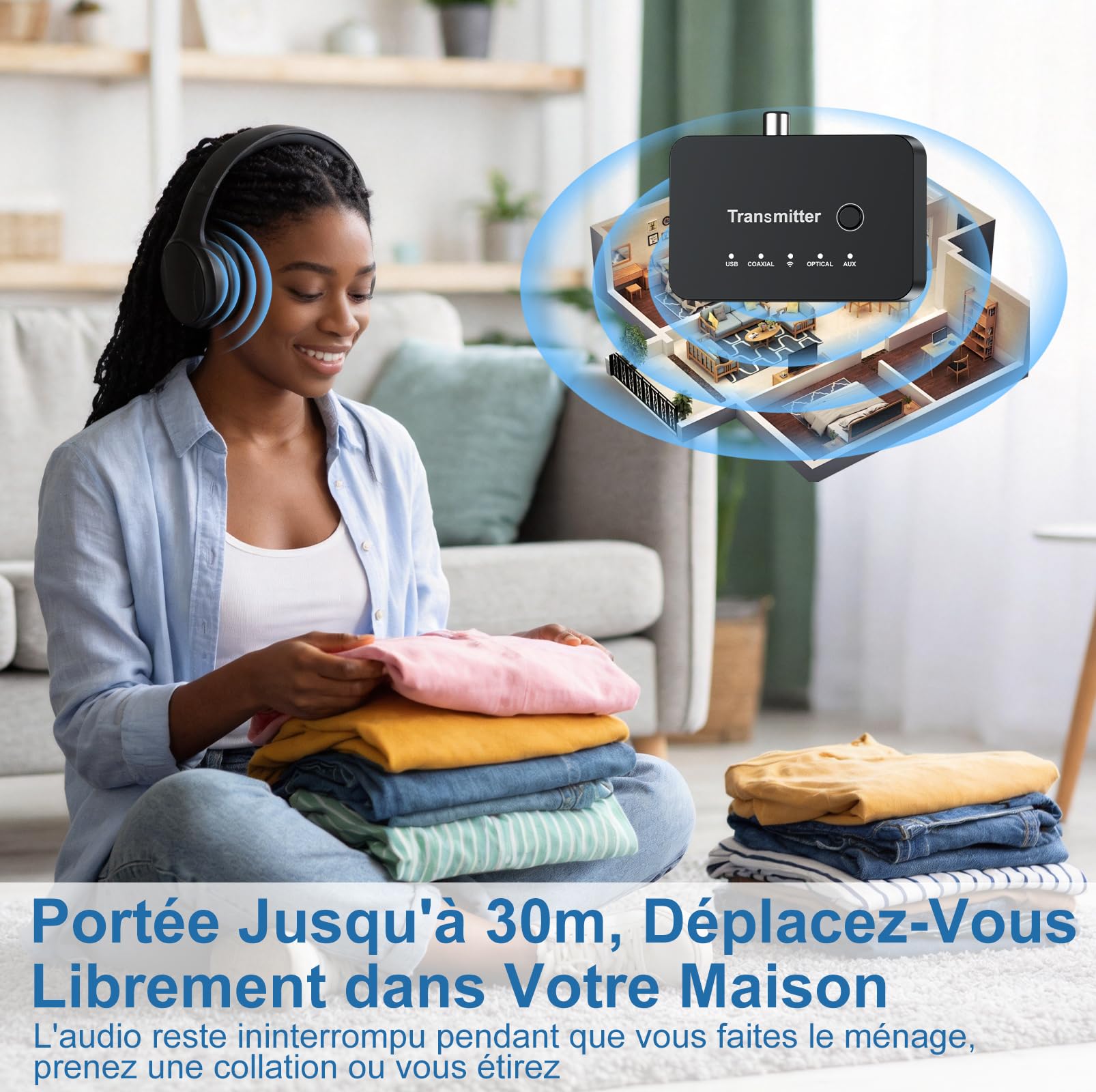 Casque TV Sans Fil pour Seniors, 2,4G RF & Bluetooth 5.4 avec Émetteur 5-en-1 (Sorties Optique/Coaxiale/RCA/AUX/USB), 5 Modes EQ, Portée 30m, Autonomie 20H, Casque TV Supra-Auriculaire Pliable Cadeaux