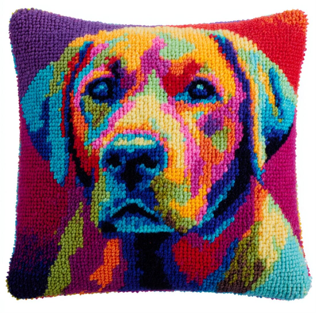 Kitquiver U Animal Cushion Making Kit Colorful Labrador Retriever Cross Stitch Pillowcase Making Kits,Diy Latch Hook Rug Kit Embroidery 17X17in