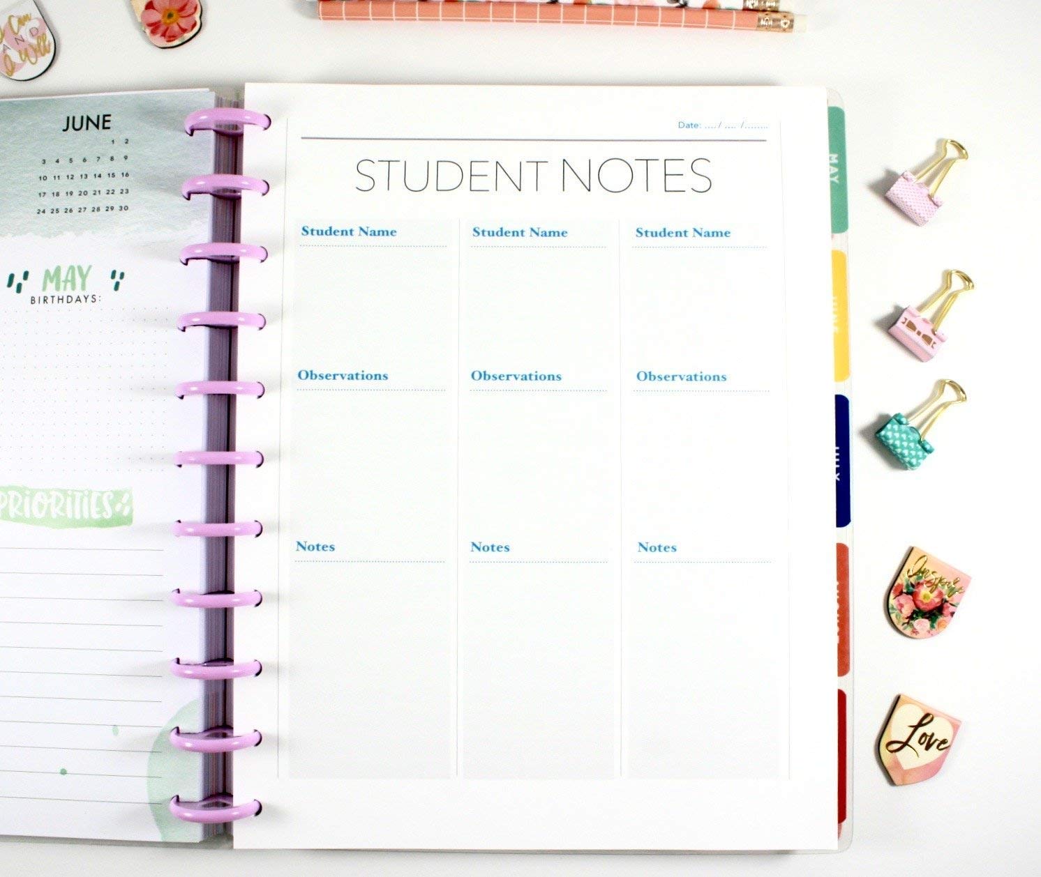 Student Notes Inserts for 11-Disc Big Happy Planner for Teachers, Teacher Planner Inserts, Pre-punched Planner Inserts, Pre-punched Teacher Inserts