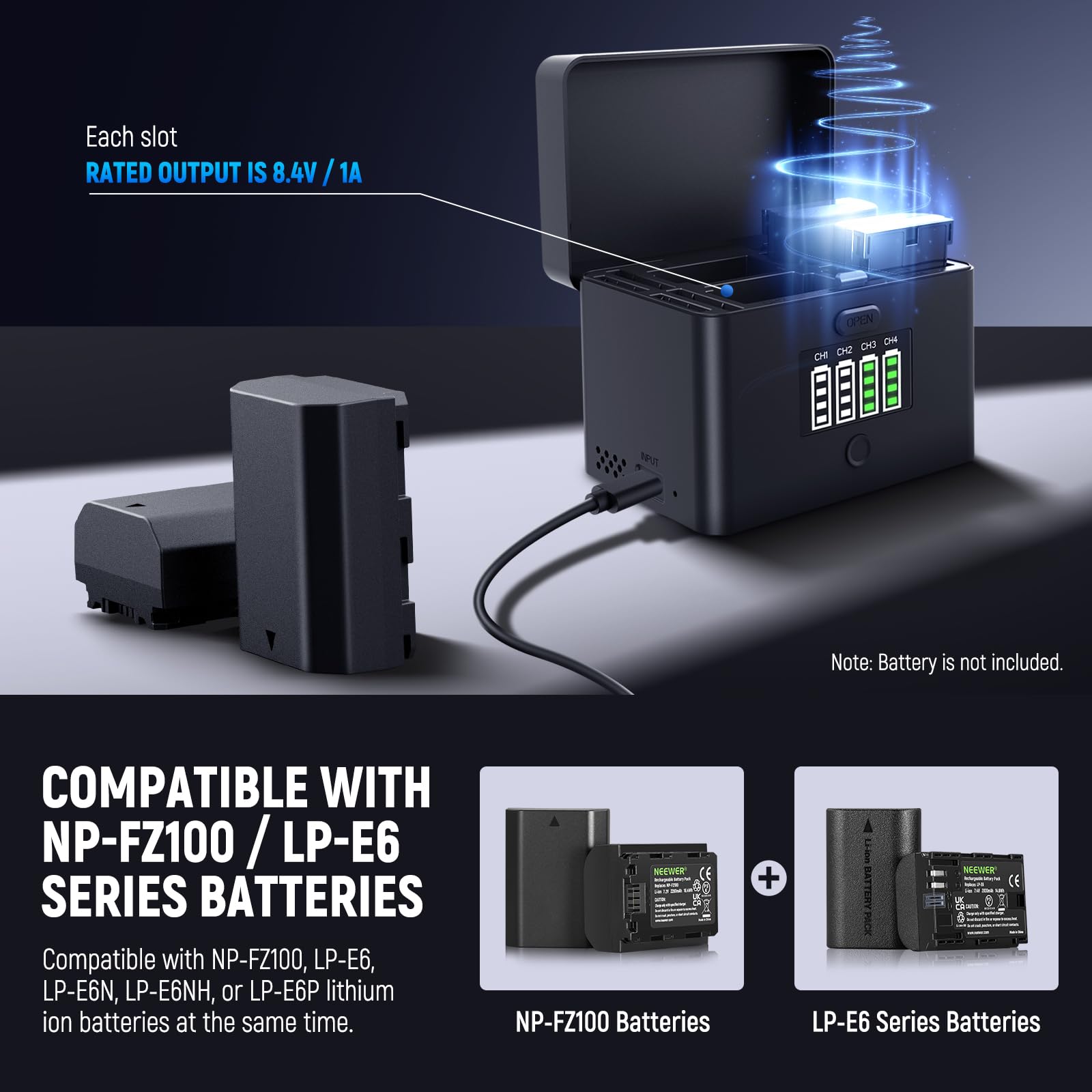 NEEWER Czterokanałowa ładowarka USB 2 w 1 do NP-FZ100 i LP-E6, szybkie ładowanie 40 W, plastikowy zasilacz zapasowy kompatybilny z Sony A6700 A7III FX3 FX30 A7IV Canon EOS R5 II, NW-ZP4