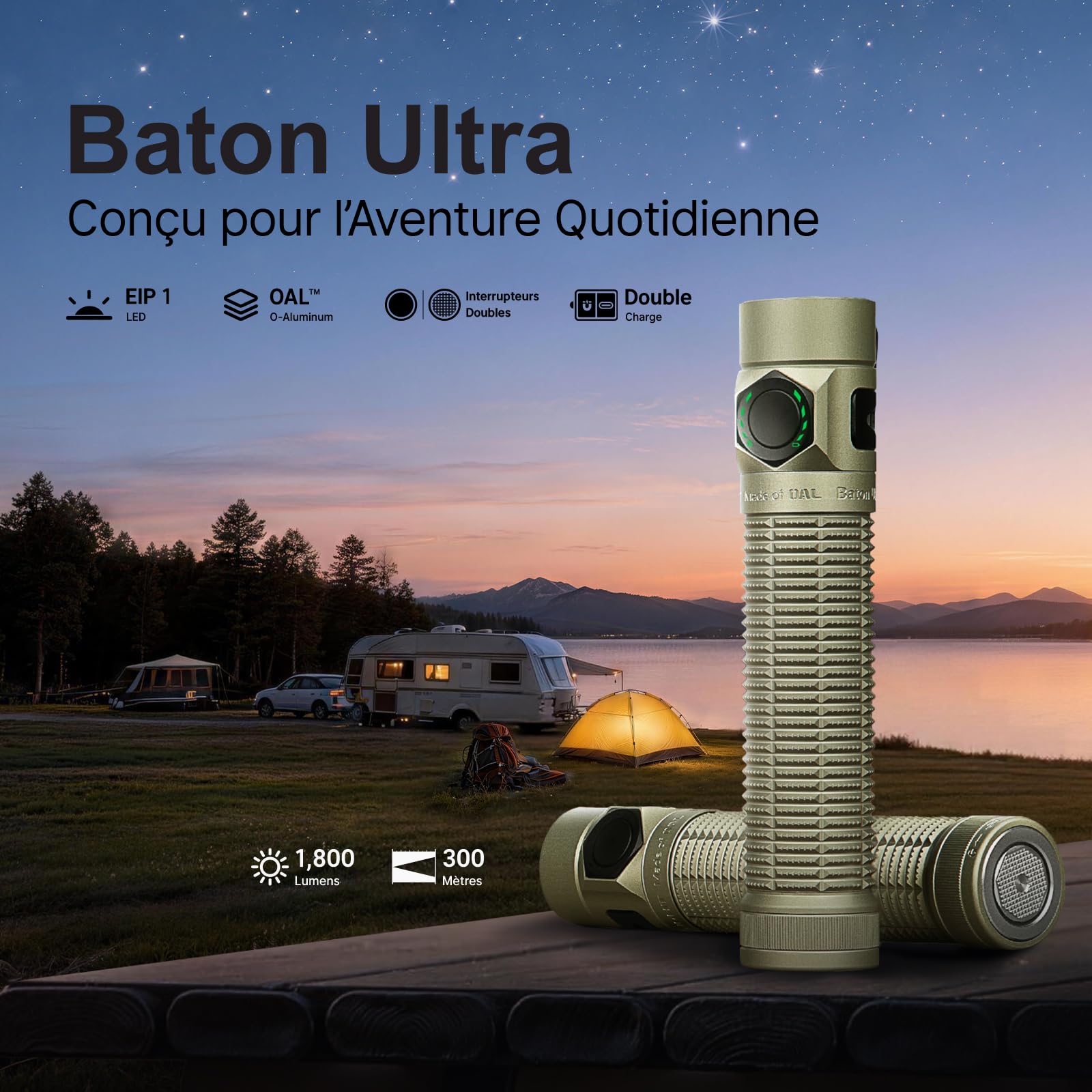 OLIGHT Baton Ultra Lampe Torche Rechargeable EDC, 1800 Lumens, Portée 300m, LED EIP 1, Superalliage OAL, Etanche IPX8, Double Interrupteur, pour Exploration Extérieure Travail Urgences, Vert Olive