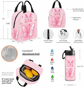 MyPupSocks Custom Girls Backpack with Lunch Box Sets, Personalized Butterfly Kids Schoolbag Casual Daypack for Students Customized Initial Bookbag Backpack Travel for Daughter Teens Girls