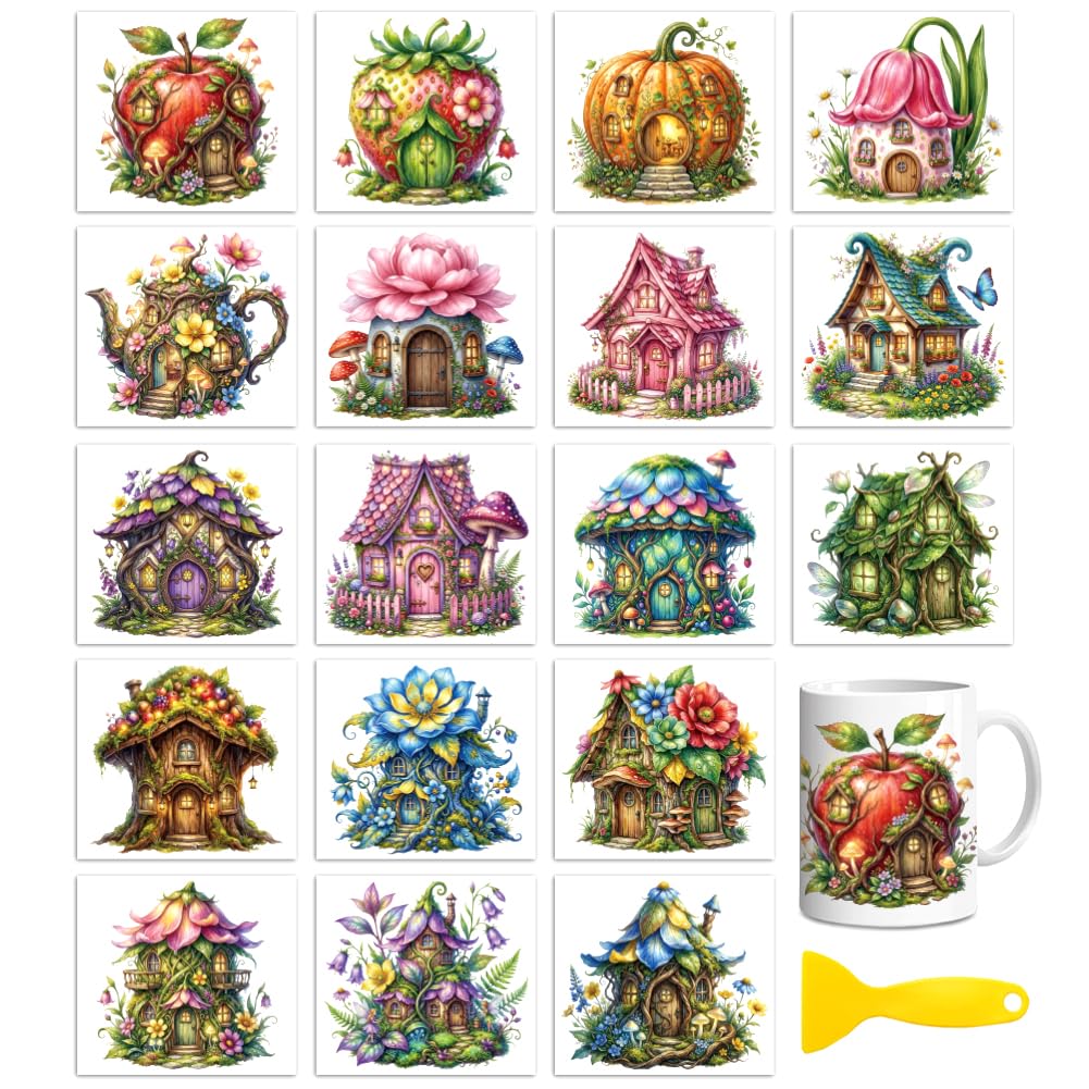 Peacoblue 18 Sheets Rub on Transfers for Crafts, Fairy House and Tale House 3.6"x3.9" UV DTF Cup Wraps Waterproof Cold Transfers Stickers for Wood Glass Metal Cup Tumblers Mirrors Mugs Home Decor