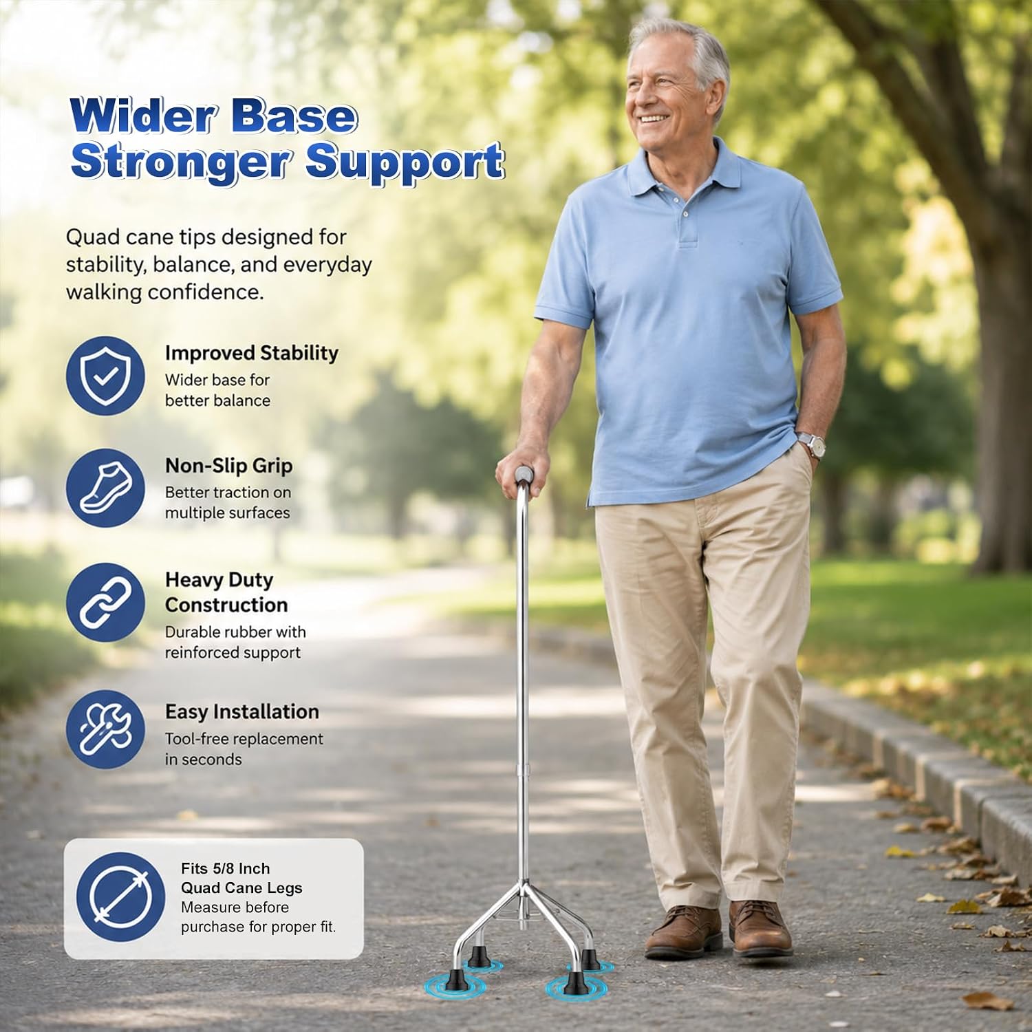 MFE Quad Cane Tips (4 Pack) - Heavy Duty 1/2 Inch Replacement Rubber Foot - Non-Slip Traction Grip Cane Tip Base - Durable Accessories for Walking and Standing Stick for Women, Men, Seniors, Elderly