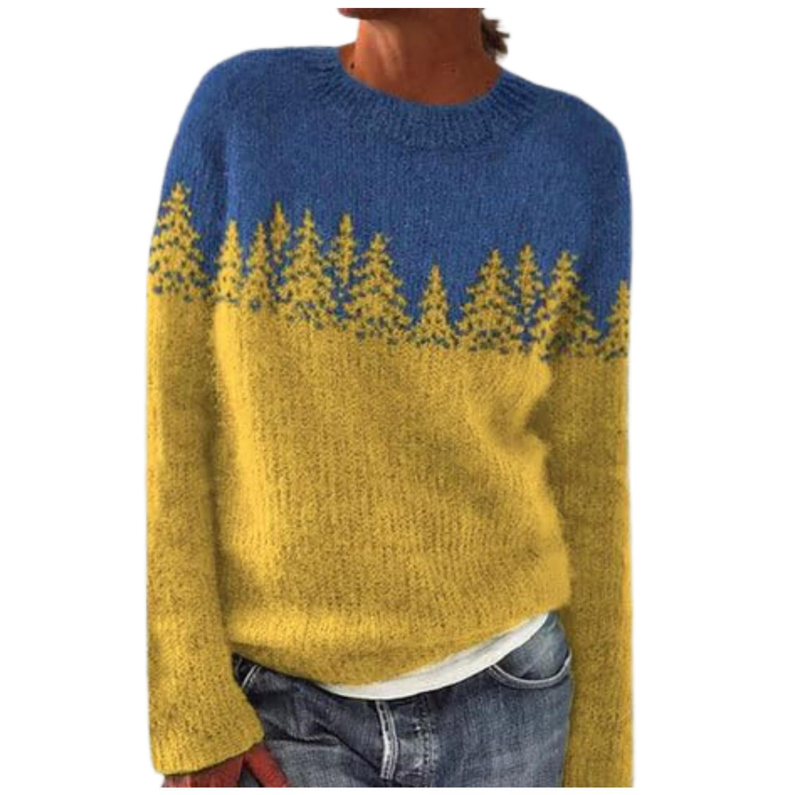 Vintage Fair Isle Sweaters Women Argyle Knitted Crewneck Casual Pullovers Long Sleeve Loose Knitwear Xmas Holiday Sweaters