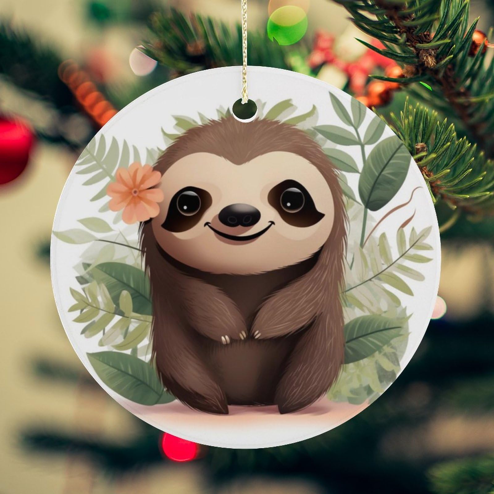 Cute Cartoon Sloth Christmas Ornament for Christmas Tree Ceramic Round Ornament Winter Holiday Keepsake Gift 2.7" Christmas Tree Hanging Decorations Circle Ceramic Pendant Xmas Gift