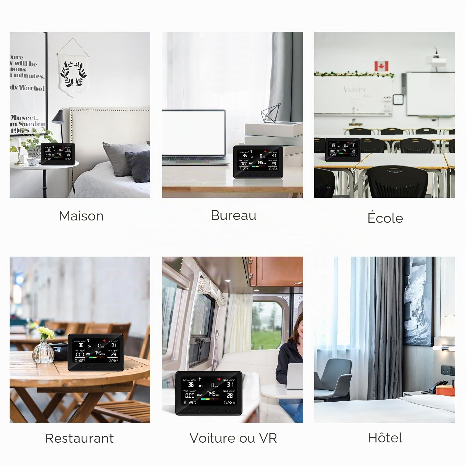 CF-30 Appareil de mesure de la qualité de l'air pour pollen, CO2, PM2,5, PM1,0, TVOC, température, humidité, CO2 avec grand écran LCD, application de configuration et historique des données