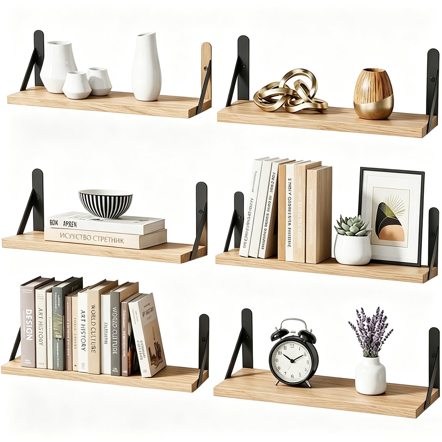 RITOLLO Floating Shelves Set of 6, 43cm Wood Wall Shelves in Light Brown Rustic Wooden Shelving for Bedroom, Living Room, Bathroom, Kitchen & Office Decor (Light Brown)