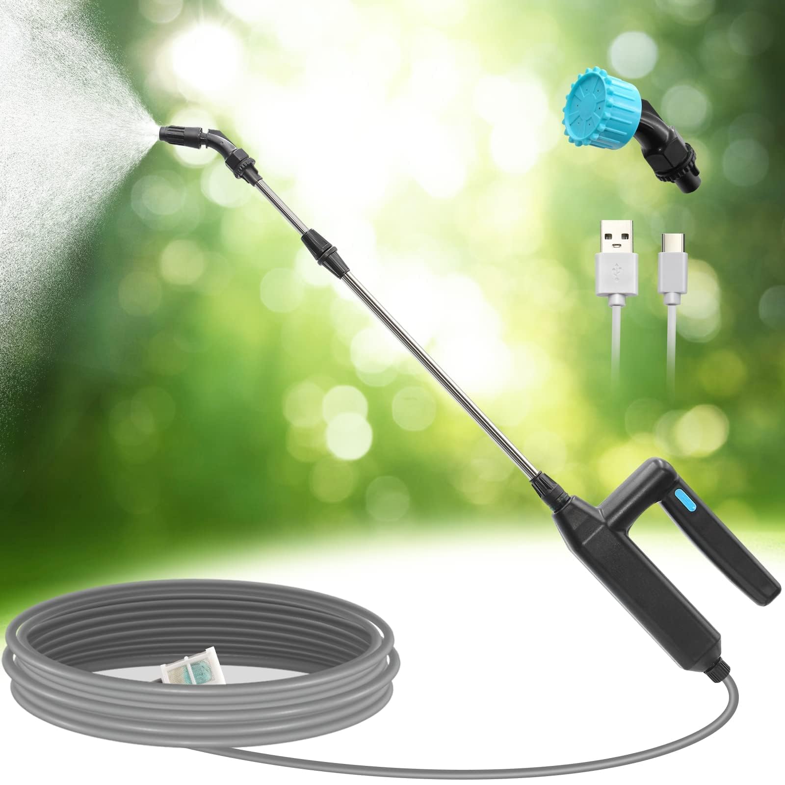Elektryczny opryskiwacz z lancą teleskopową, przenośny opryskiwacz ogrodowy USB do ładowania na dach i do ogrodu, zawiera dysze i wąż 2/3/5/8M (opcja B, wąż 8M)