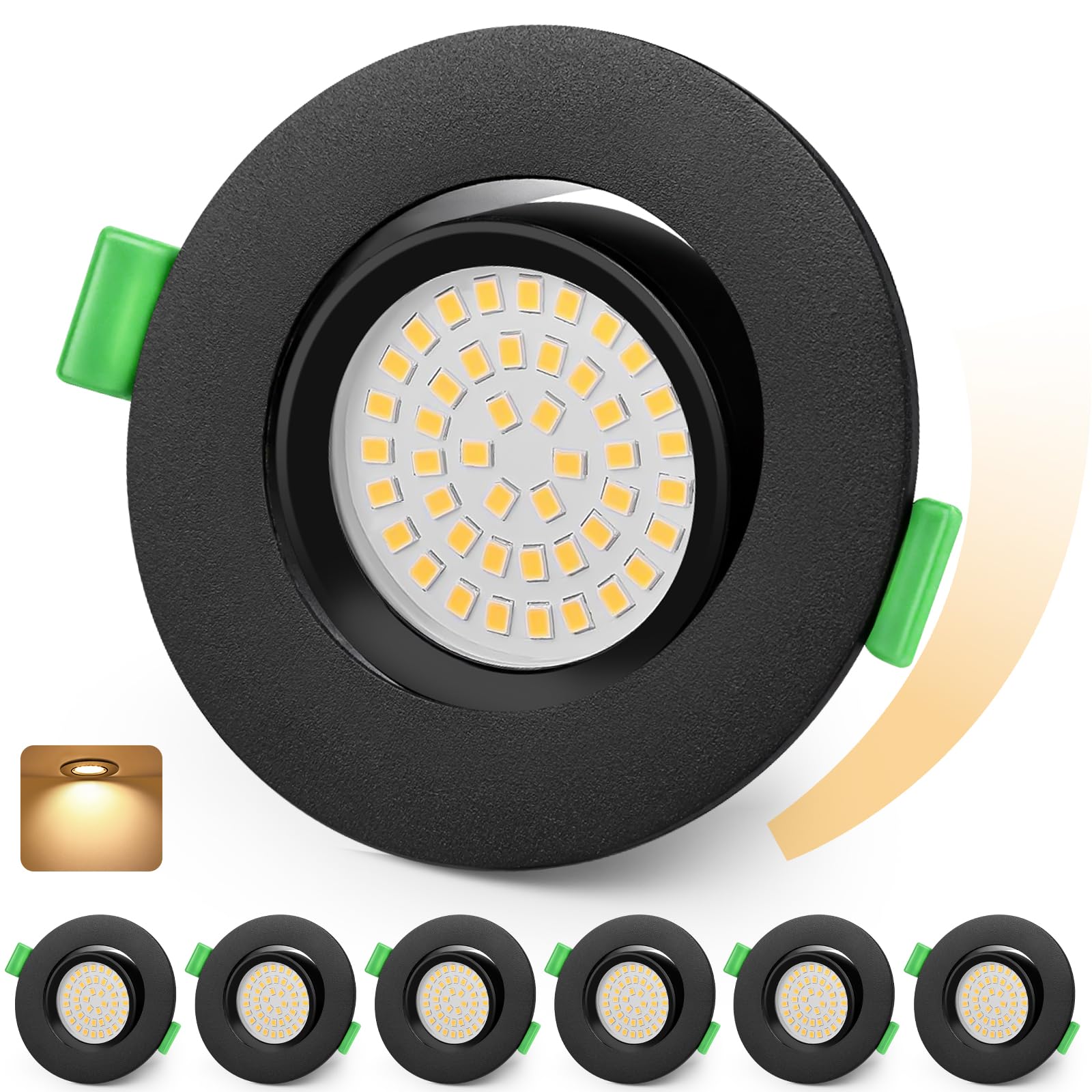 KYOTECH LED Einbaustrahler 230V Dimmbar 68-80mm Ultra Flach LED Spots 5W IP44 Bad Einbauleuchten Deckenspots Warmweiß 2700K 45° Schwenkbar Einbauspots für Badezimmer Wohnzimmer, Schwarz 6er Set