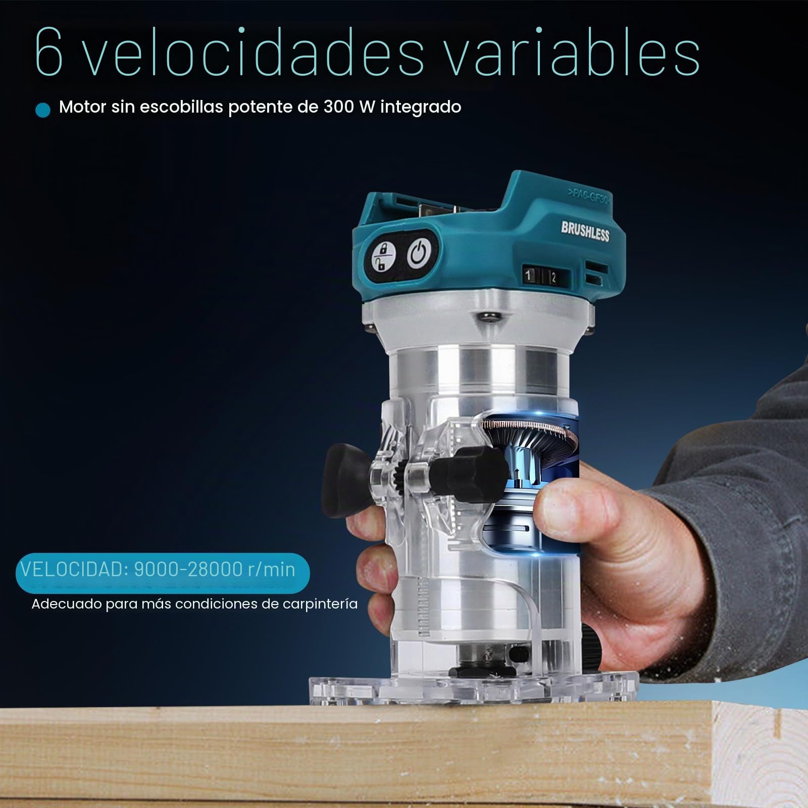 Fresadora Inalámbrica 1300W para Makita 18V (sin Batería) | Recortadora de Madera sin Escobillas, 6 Velocidades, Guía Recta, Rueda Guía, Fresa y 2 Llaves
