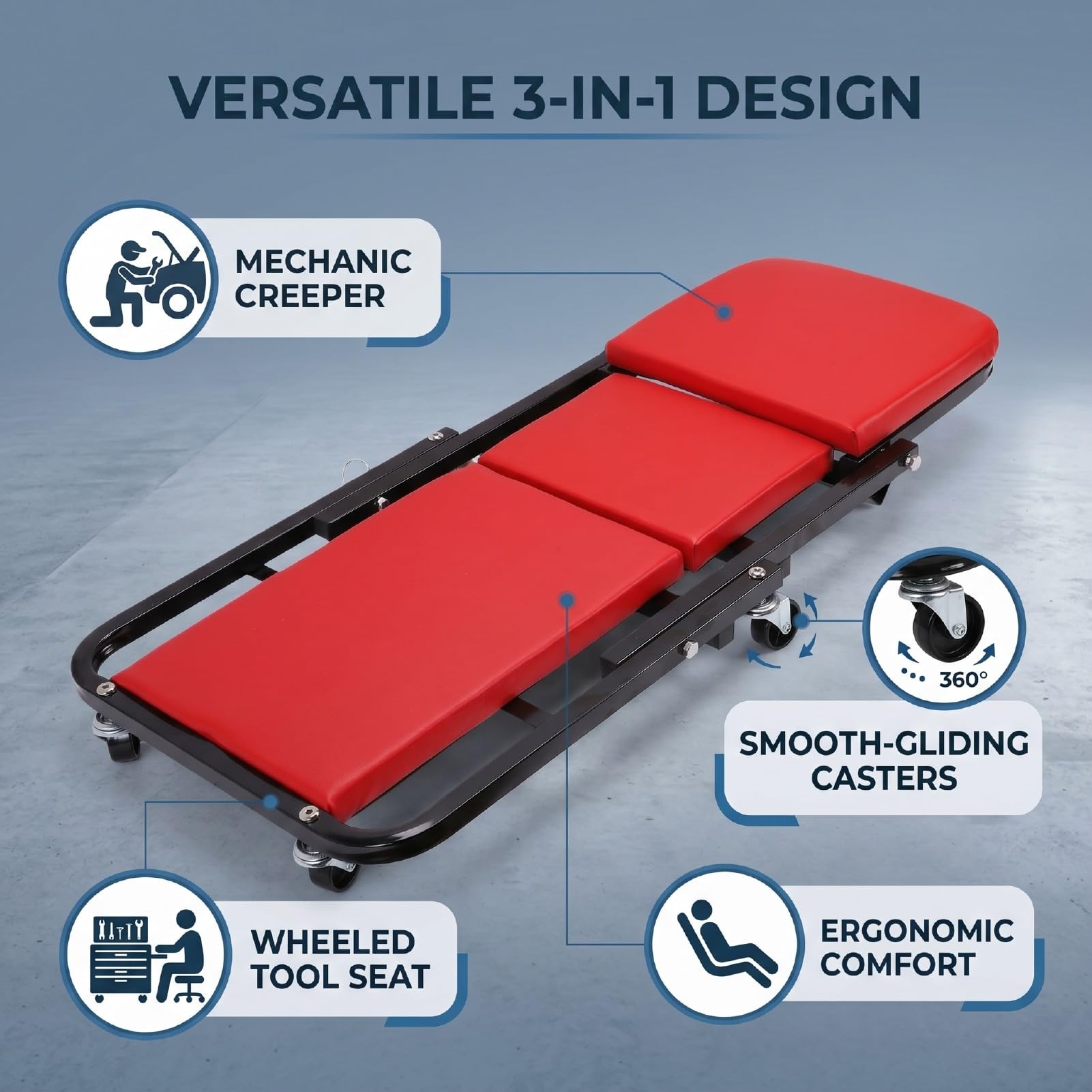 CHICIRIS Camilla para Mecánico Convertible 3 en 1, Asiento con Ruedas Giratorias for Reparación y Mantenimiento de Automóviles (Rojo) | Estructura acolchada gruesa, metal resistente, ruedas giratorias; ideal para taller.