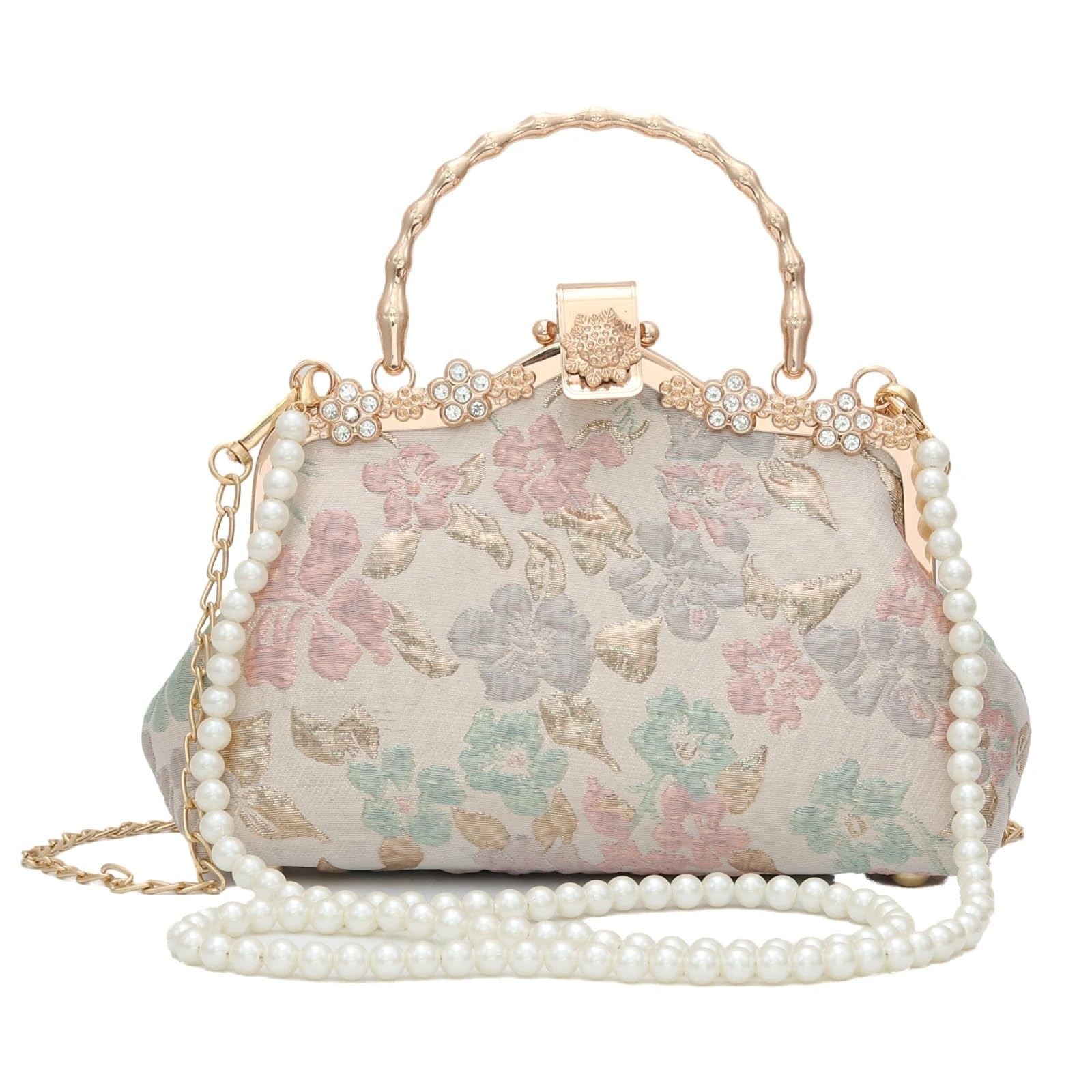 Pochette de soirée en forme de fleur relief brillant avec sangle et perles