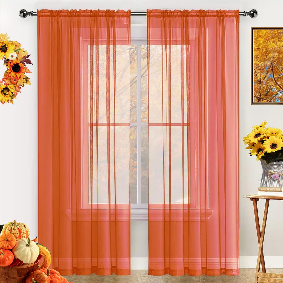 SpaceDresser Basic Rod Pocket Sheer Voile Window Curtain Panels Jaffa Orange 1 Pair 2 Panels 52 Width 90 Inch Long for Kitchen Bedroom Children Living