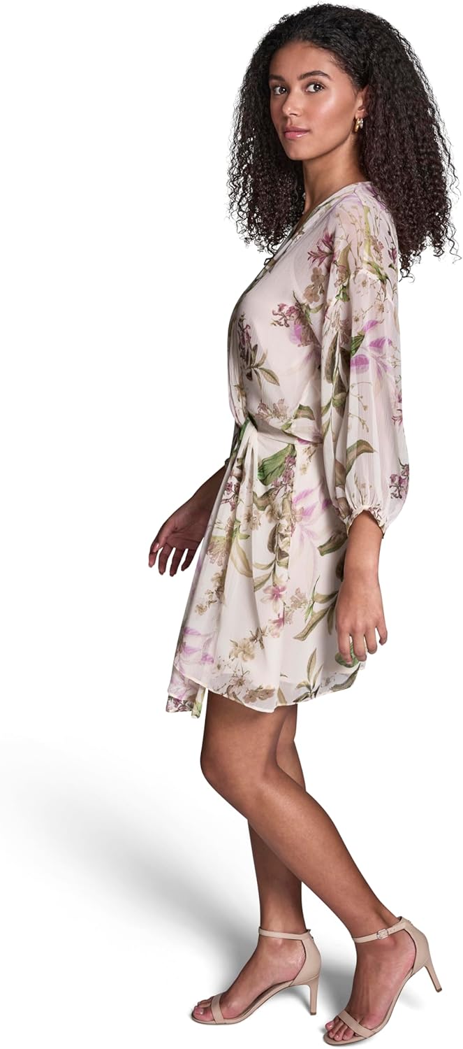 BCBG Women's Long Sleeve V Neck Chiffon Faux Wrap Mini Dress