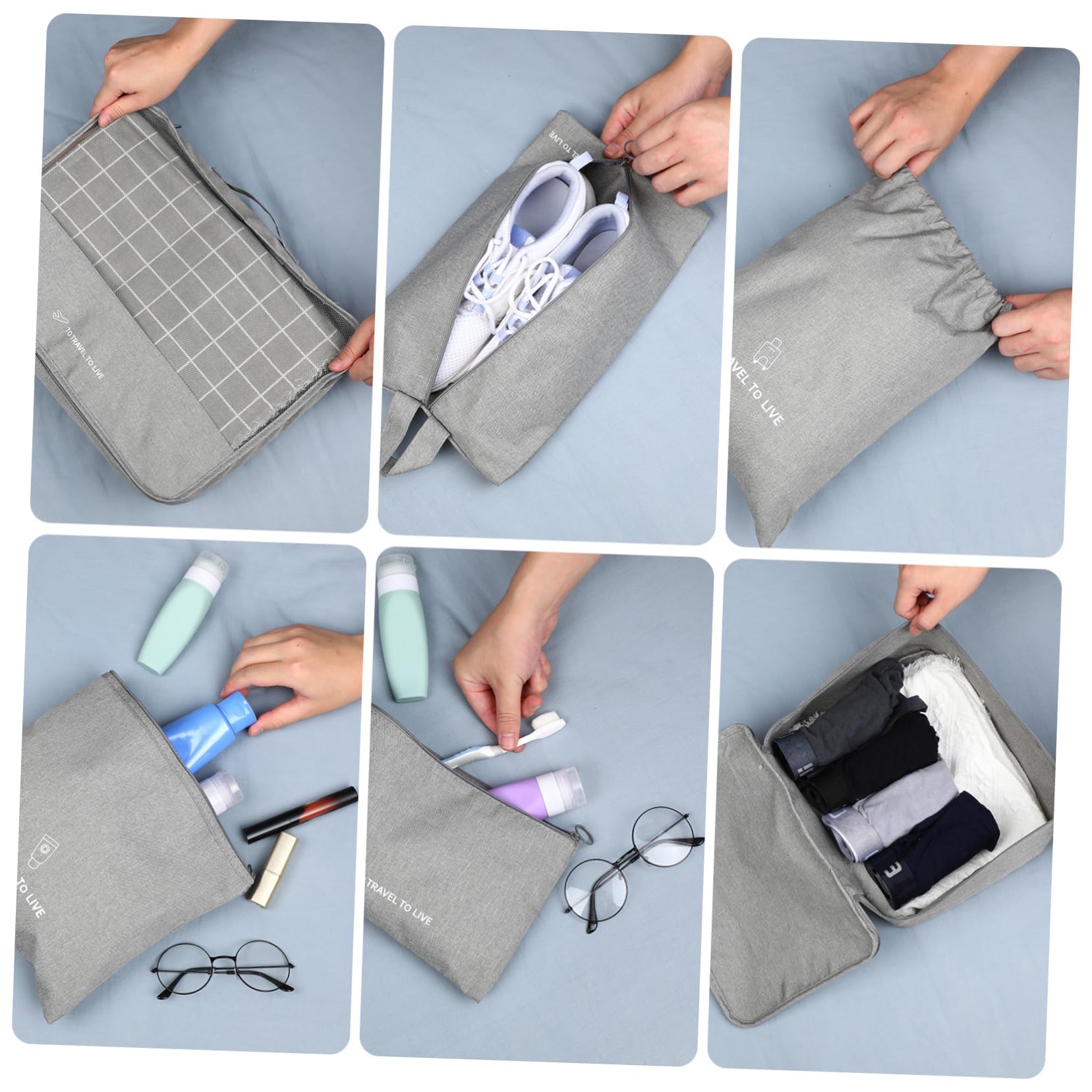 Cabilock 7pezzi Organizer Per Bagagli Da Viaggio Pieghevoli Per Imballaggio Borse Portaoggetti Per Vestiti Biancheria Intima Accessori e Scarpe Tasca Coulisse Grigio