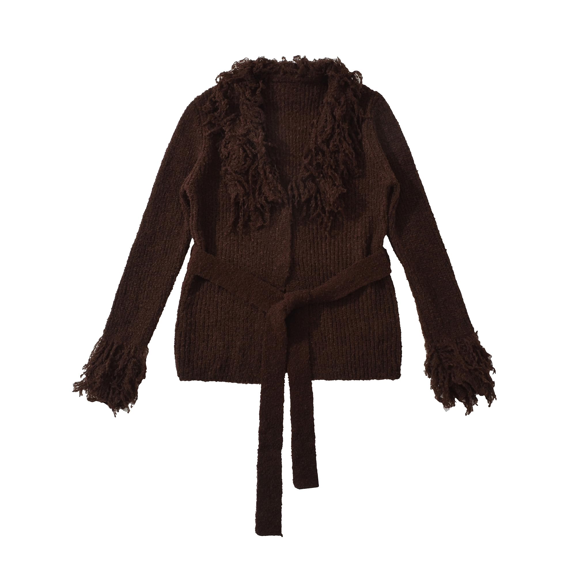 efvandoloe Women Knitted Tassel Cardigans with Belt Black Coffee Color Sweaters