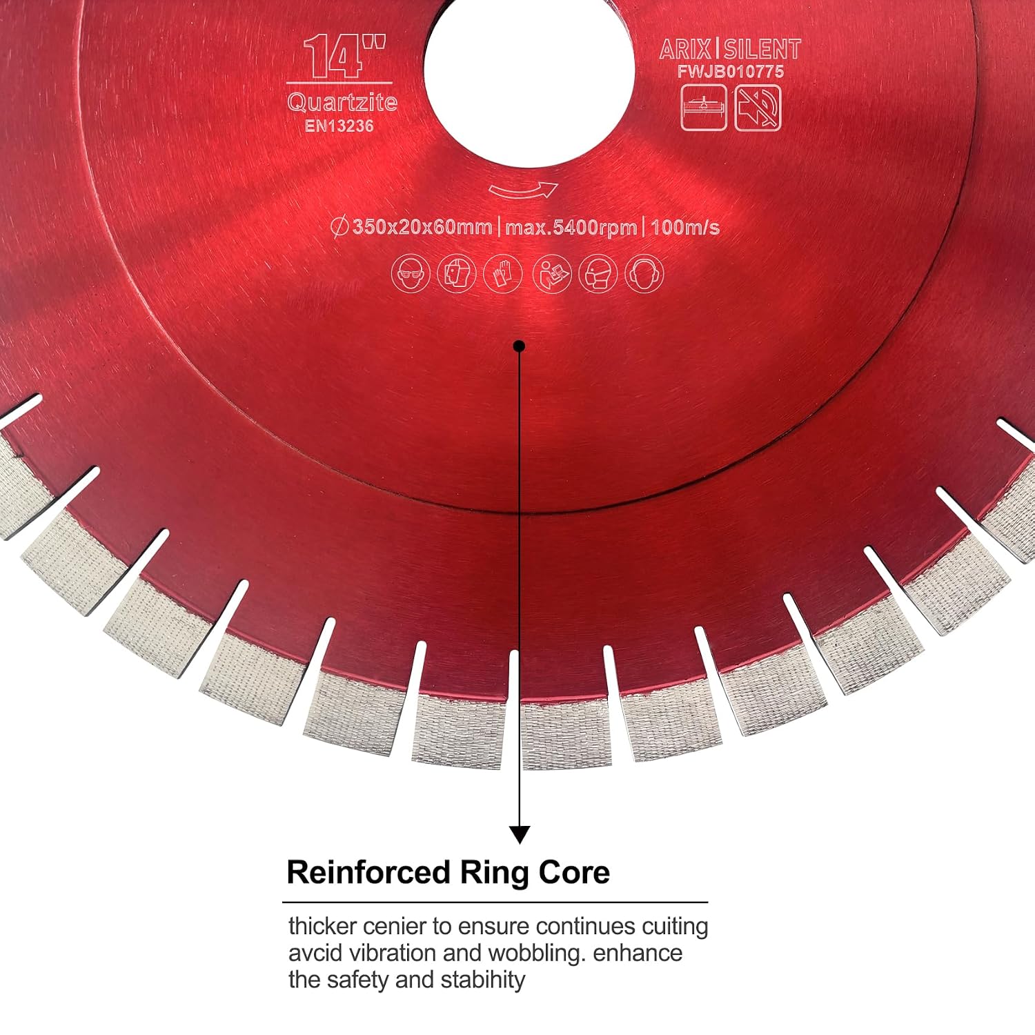 FEWELL 14inch Bridge Saw Blade for Cutting Quartzite, 350mm Silent Core Diamond Blade with 20mm Arix Segment and 60mm Arbor with 50mm Ring