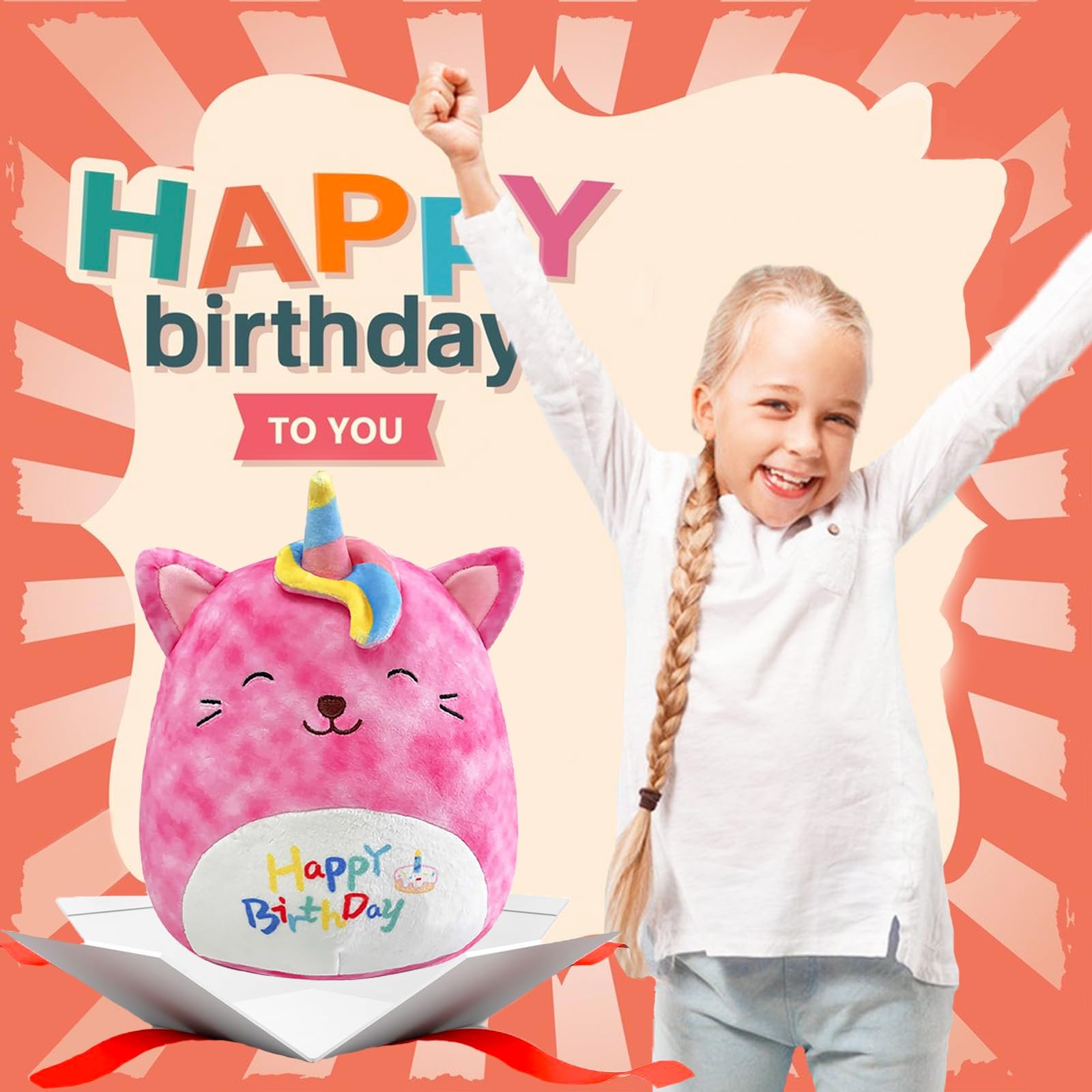 POPOYU Einhorn Kuscheltier Einhorn Plüschtier,25CM Happy Birthday Katze Geburtstag Kuscheltiere Mädchen,Plüschkissen für Kinder,Geburtstag Stofftiere Plüsch-Puppe Stofftier Geschenk