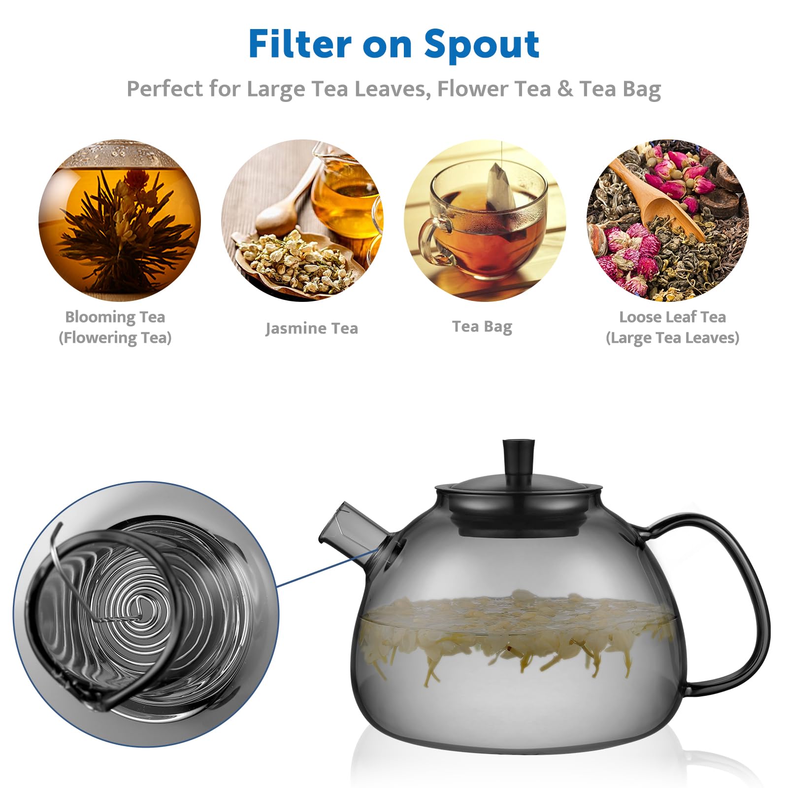 ecooe Teiera in vetro borosilicato nero da 1500 ml con filtro rimovibile in acciaio inox 18/8, resistente al calore, per tè nero, tè verde, tè alla frutta, tè profumato