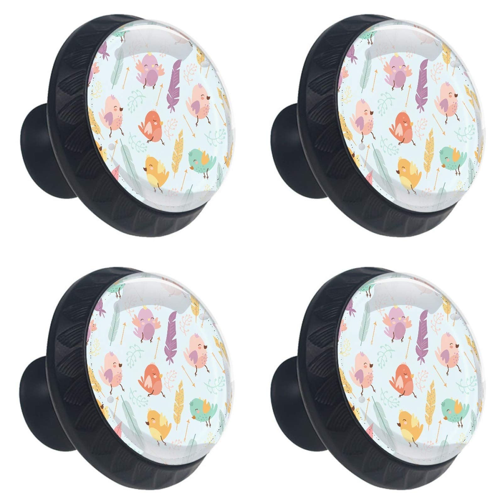 Boutons de meuble en verre ronds oiseaux et plumes pour placard 4x