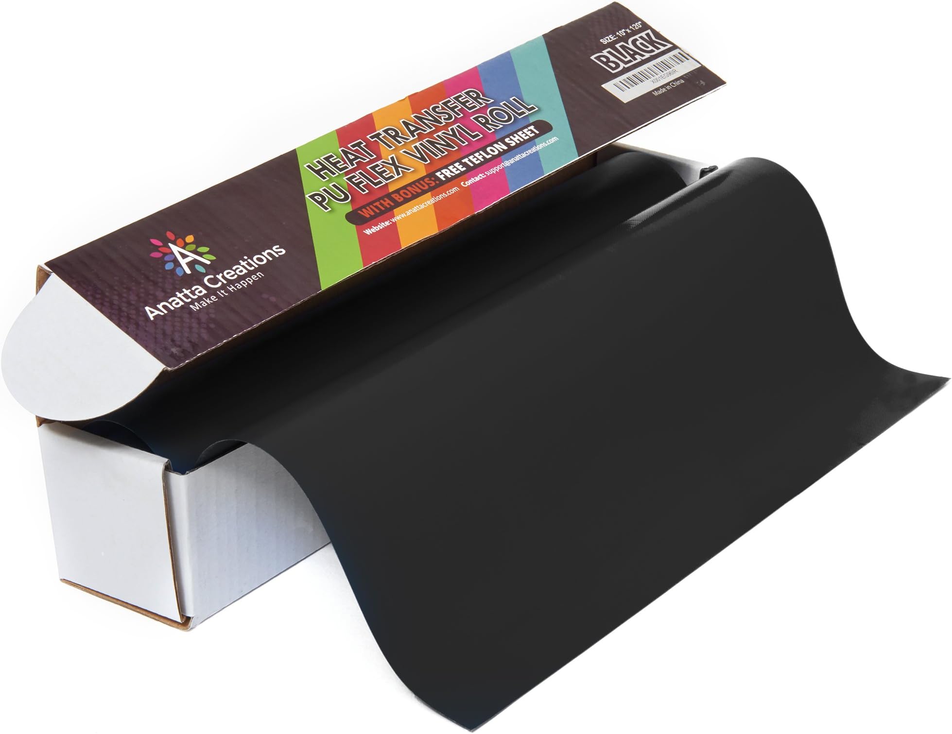 Heat Transfer Iron On Vinyl Roll - PU material, 10" x 10', BLACK, with Teflon Sheet 12"x10" included, Compatible with Silhouette Cameo Cricut, Suitable for Professionals by ANATTA CREATIONS