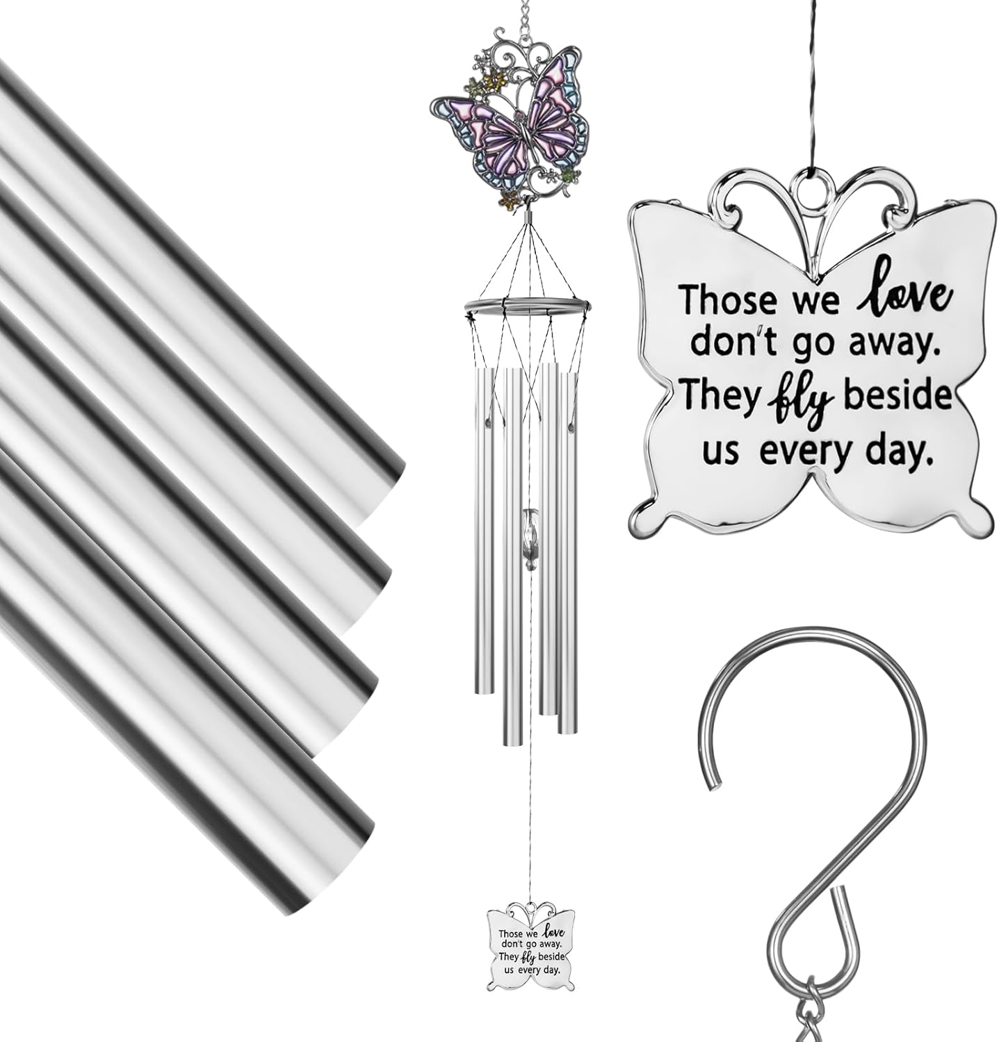 Outdoors Butterfly Wind Chimes Sympathy Memorial for Loss of Loved One - Soothing Melodic Tones Aluminum Chime Great as a Gift for Your Patio Porch Garden and Backyard (22.2" Silvery)