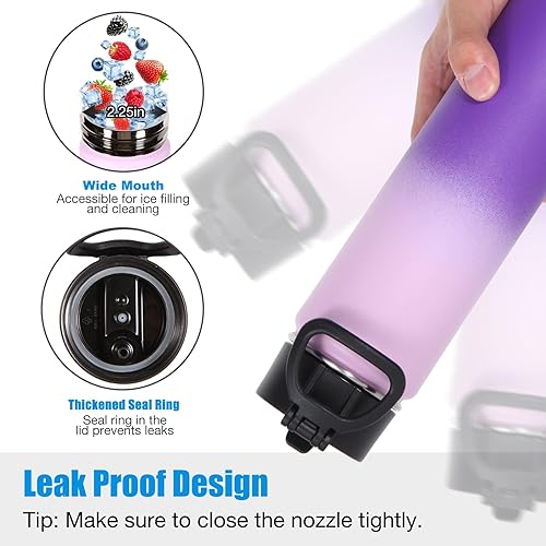 Miniatura 52 de Volhoply Botella de agua aislada de 24 onzas con tapa con pajilla, botellas deportivas de acero inoxidable de boca ancha con asa, tazas de vacío