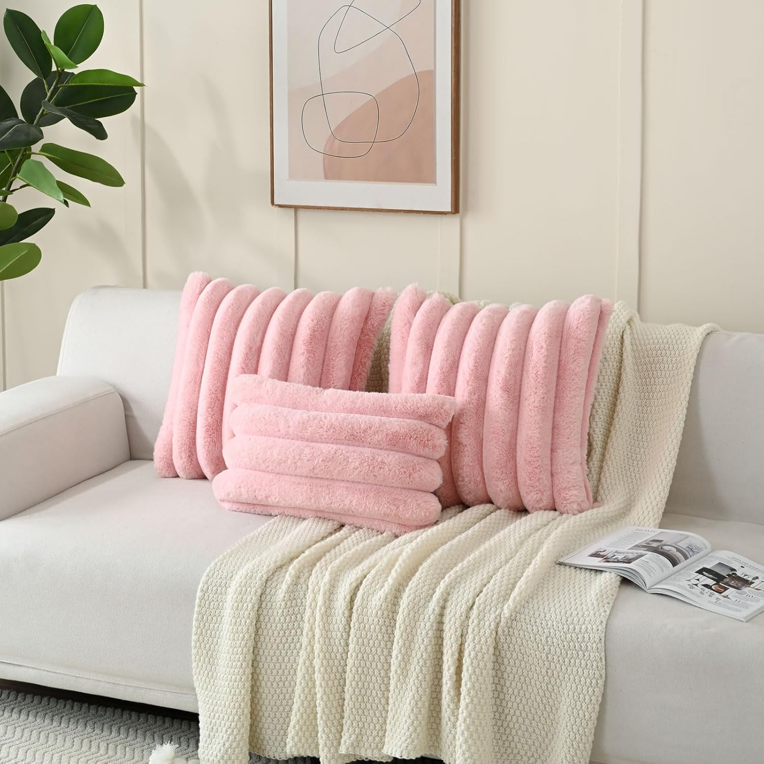 FUTEI Pink Decorative Throw Pillow Covers 26x26 Inch Set of 2, Square Soft Faux Rabbit Fur Thick Striped Euro Pillow Shams,Spring Home Decor for Couch Bed Living Room