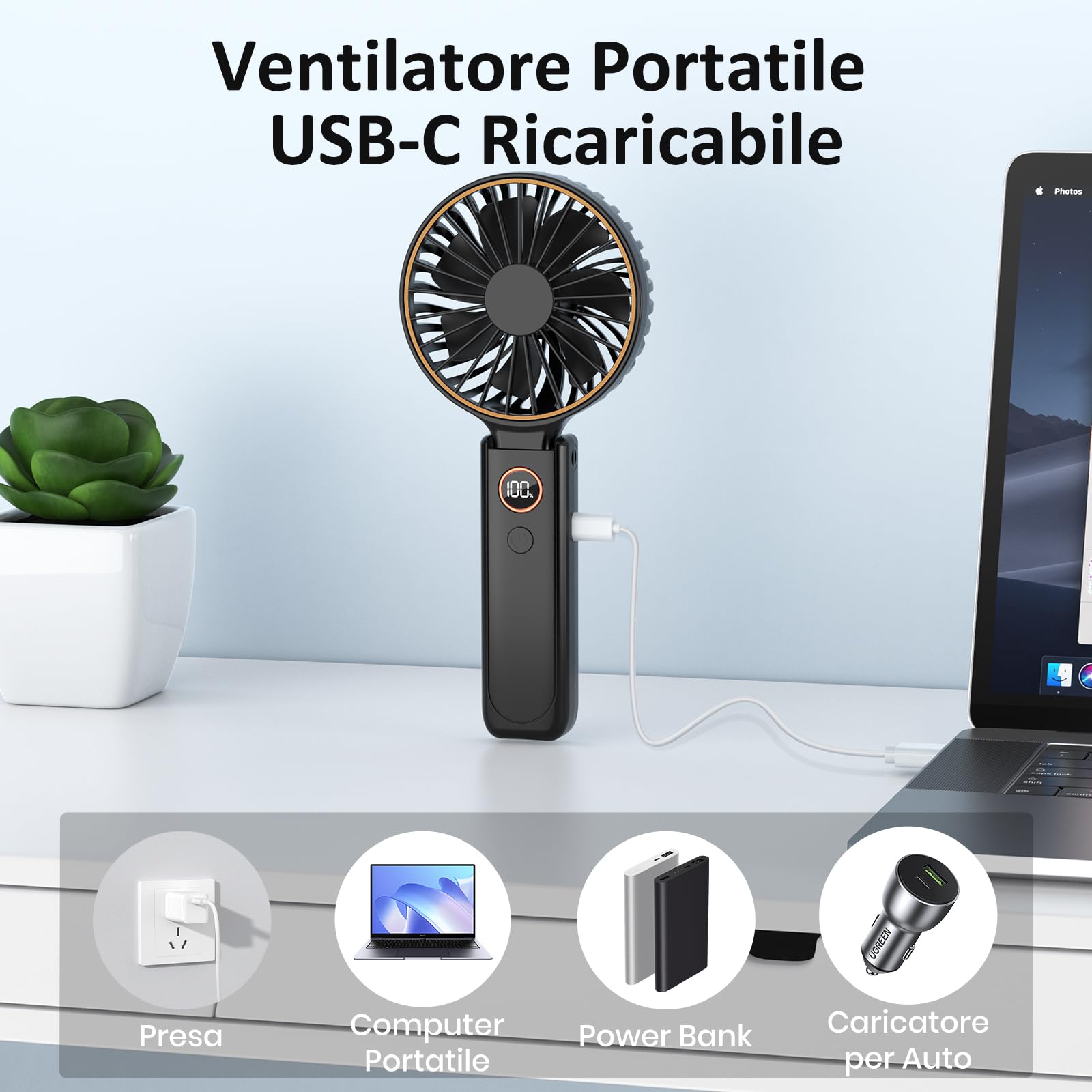 Rintea Ventilatore Portatile, 4000 mAh Mini Ventilatore Portatile, Ventilatore USB Ricaricabile con 6 Velocità, Ventilatore da Tavolo a Batteria per Ufficio, Interni, Viaggi, Spostamenti, Esterni