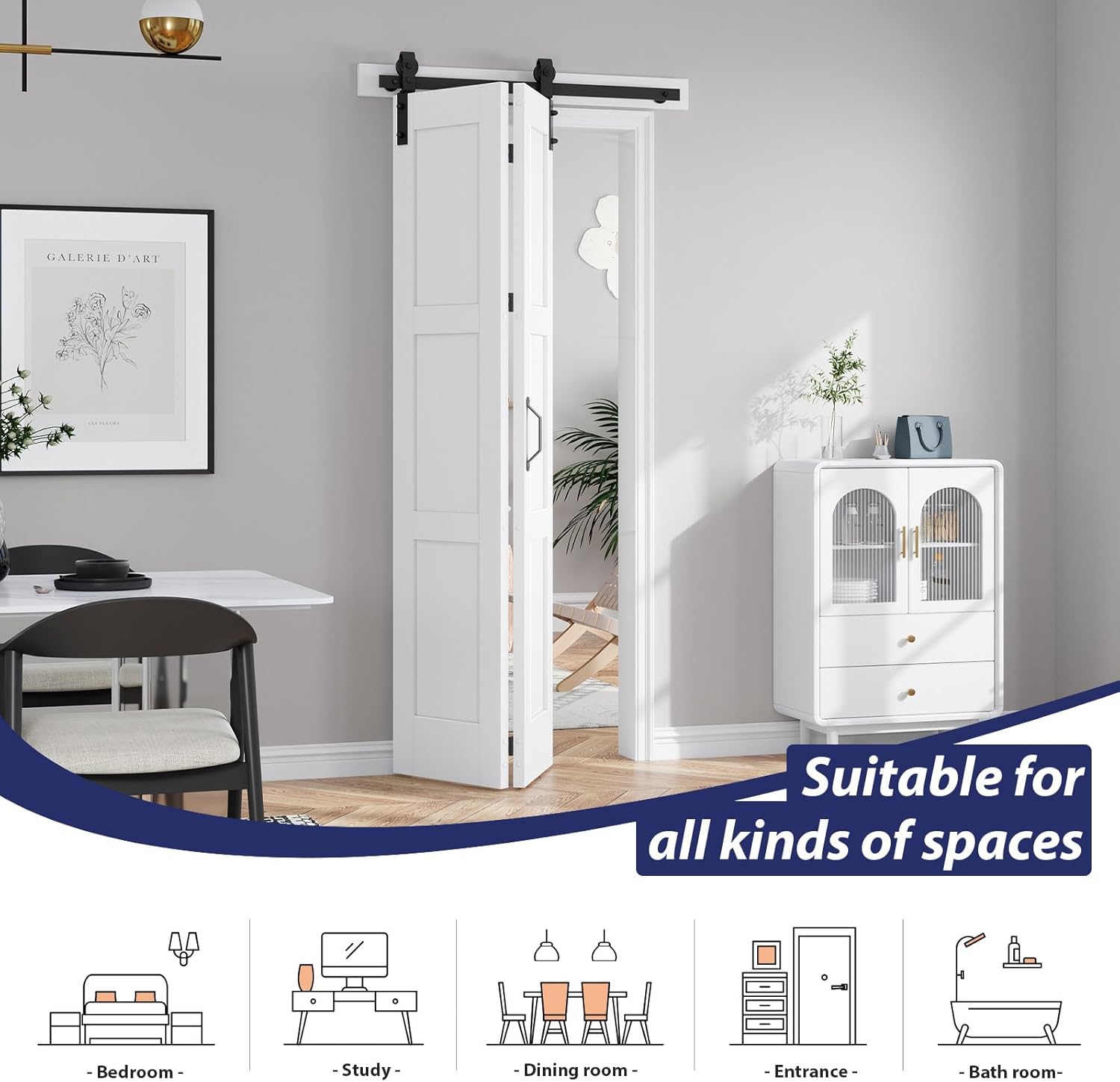 Fredbeck 64x84 Bifold Barn Doors White Folding Interiror Door for Bedroom