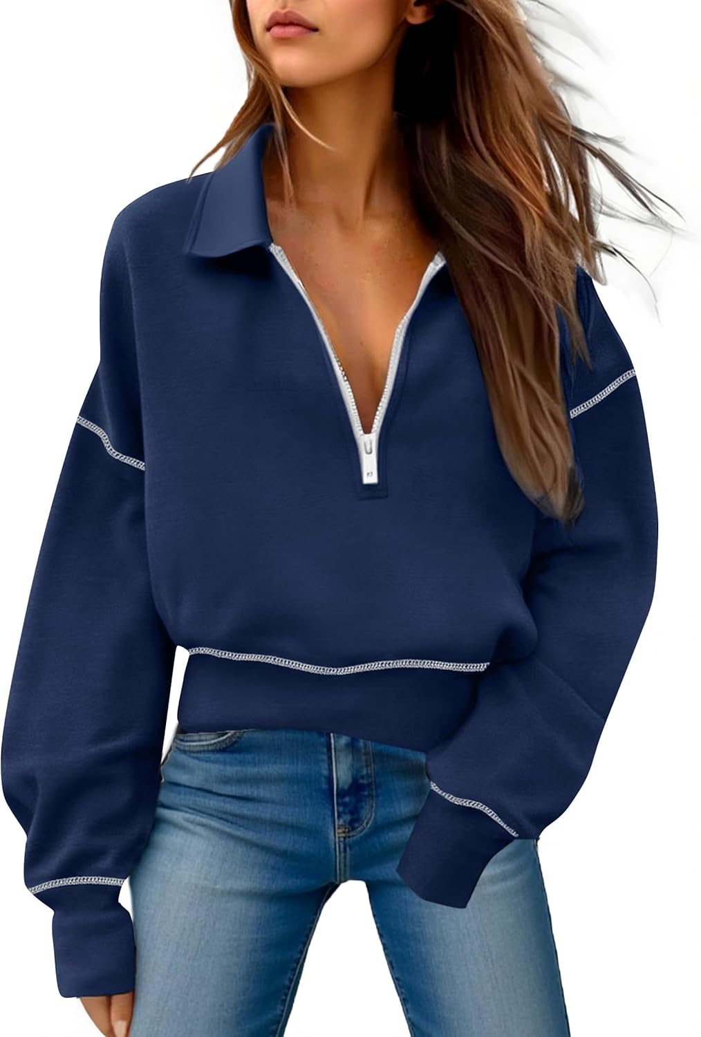 Remidoo Women's Half Zip Sweatshirt Cropped Sweatshirts Constrast Trim Long Sleeve Pullover