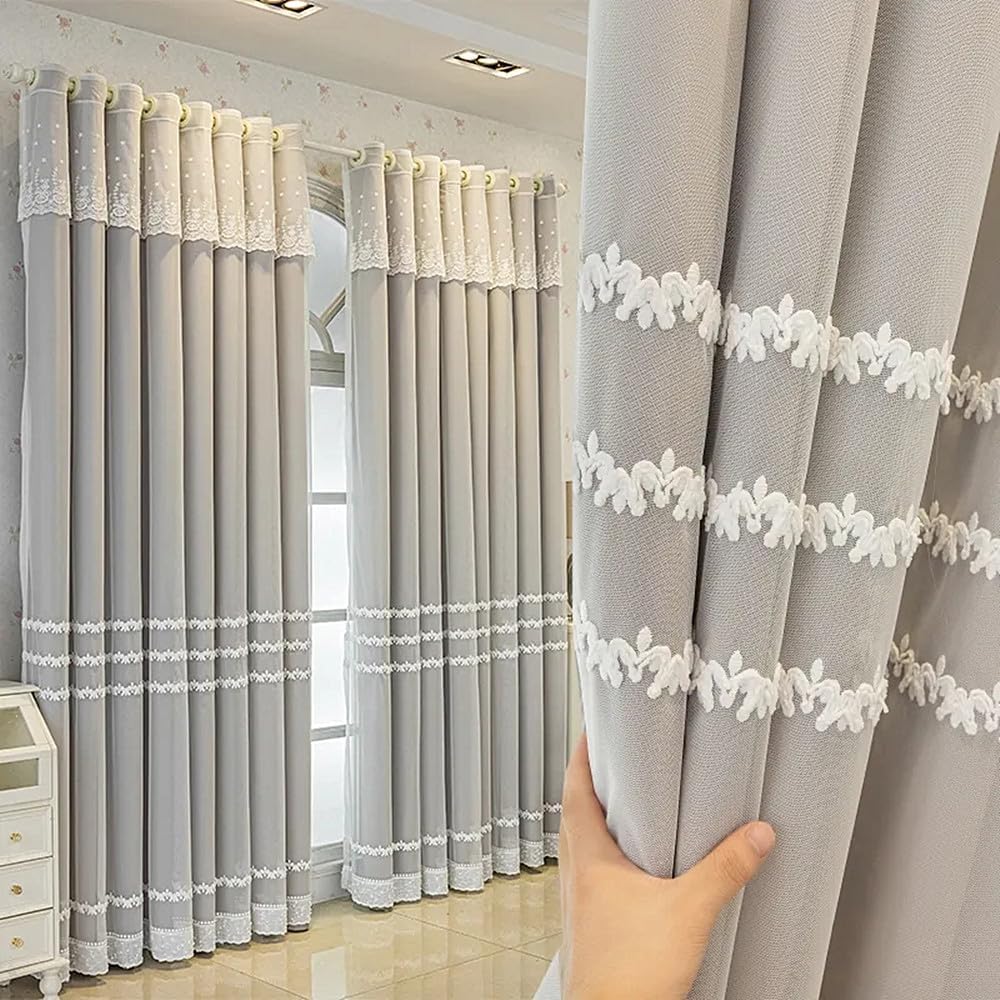 Amidoudou 1 Pair Double Layer Striped Curtains for Girls Room Living Room Embroidered Curtains with Valance for Bedroom (Pink,54x96 Inch)