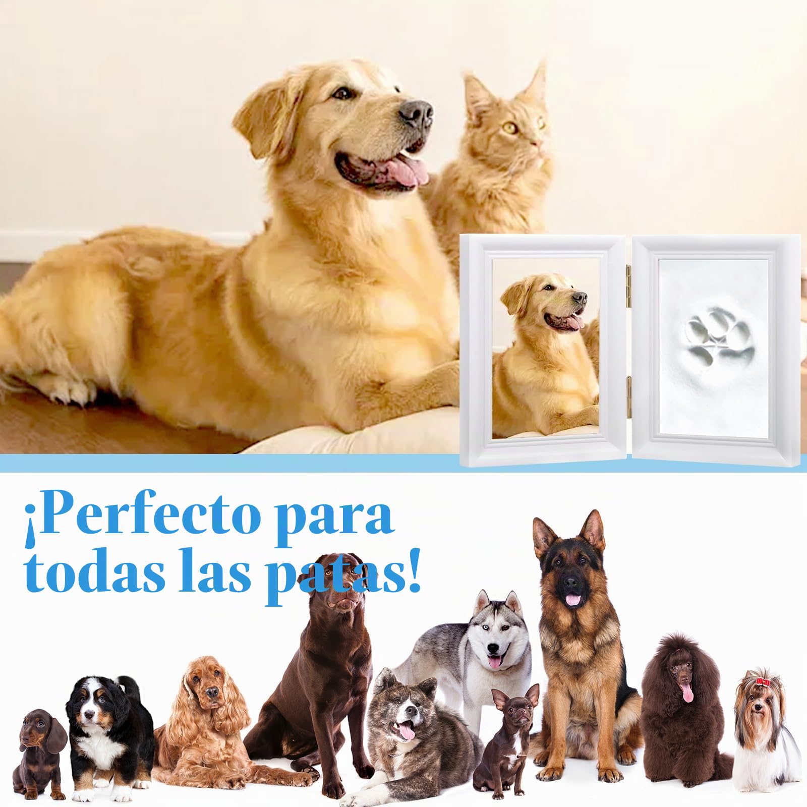 Juego de Huellas de Perro y Gato, Molde de yeso 3D - Caja de Recuerdos, Conjunto de Marco de Fotos y Huellas de Patas, para Marco de Fotos con Estampado de pata de Mascota y Juego de Sellos
