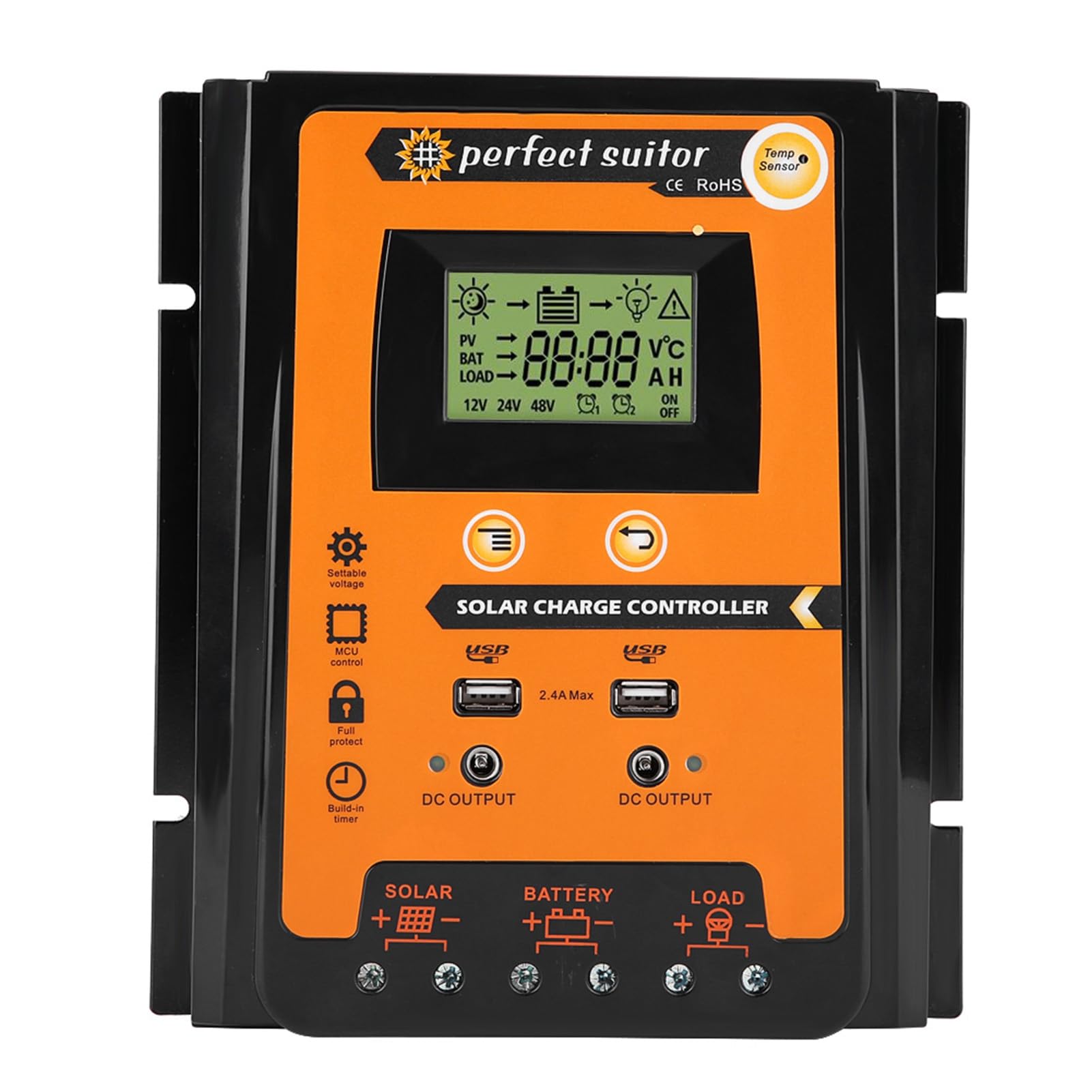 Regolatore di Carica Solare, Plastica Ip32 12V/24V 30A 50A Mppt Regolatore di Carica Solare Pannello Solare Regolatore Batteria Doppio Display LCD USB, Caricatore Solare C (70A)