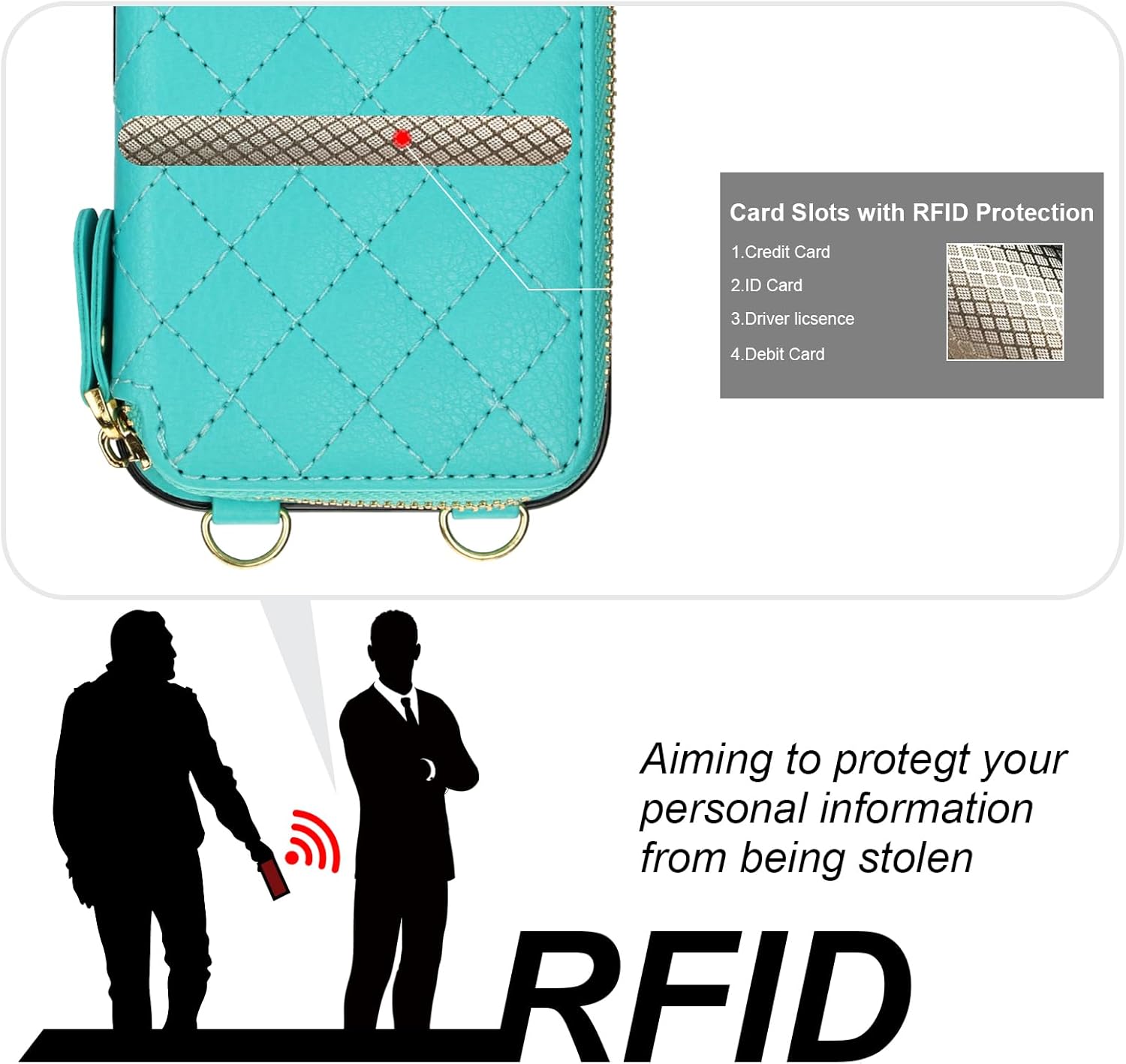 Bocasal Crossbody Wallet Case for iPhone 16, RFID Blocking PU Leather Zipper Handbag Purse Flip Cover, Kickstand Folio Case with Card Slots Holder Wrist Strap Lanyard 5G 6.1 Inch (Mint Green)