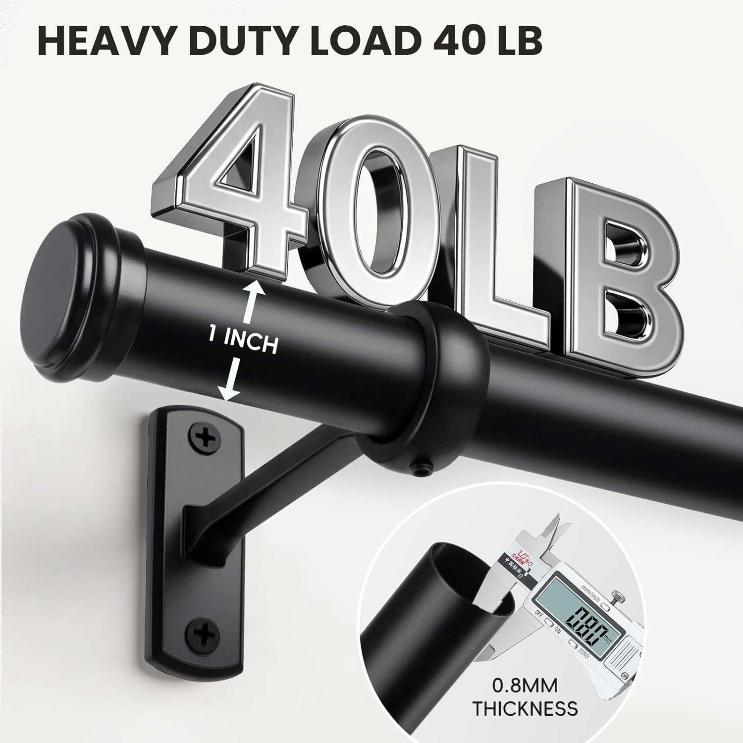 Black Curtain Rod 48-86 Inch, 1" Diameter Curtain Rods for Windows, Heavy Duty Modern Drapery Rod with Brackets for Bedroom, Living Room, Kitchen, Patio