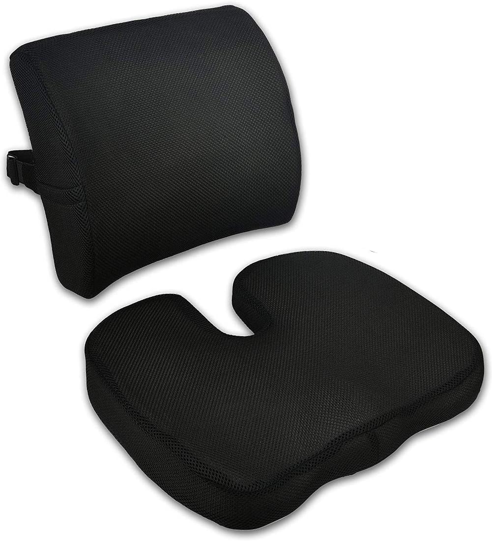 Memory Foam Seat Cushion and Lumbar Support Pillow for Office Chair, Car Seat, Lower Back, Tailbone Pain, Sciatica Relief with Mesh Removable Cover, Black
